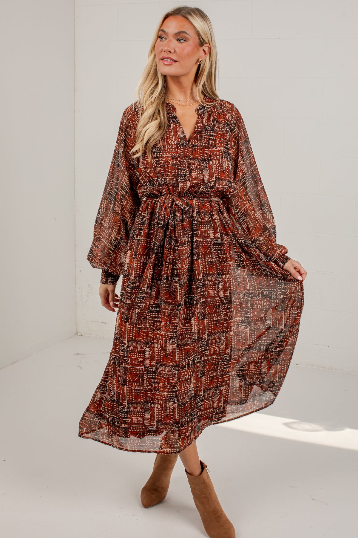 Flourish With Grace Brown Printed Midi Dress