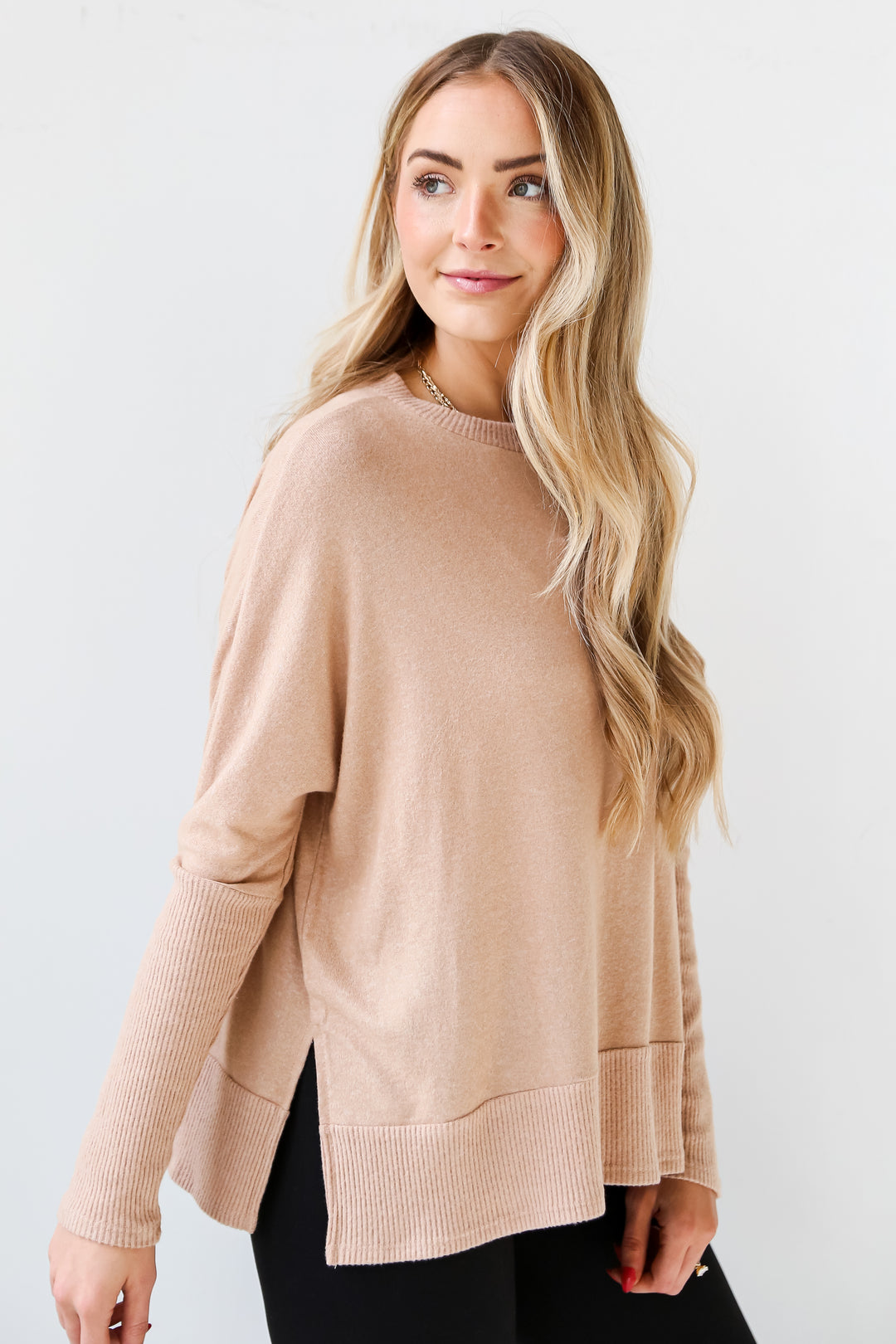 taupe Brushed Knit Top side view