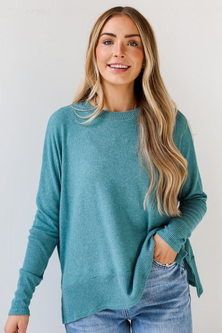 teal Brushed Knit Top front view