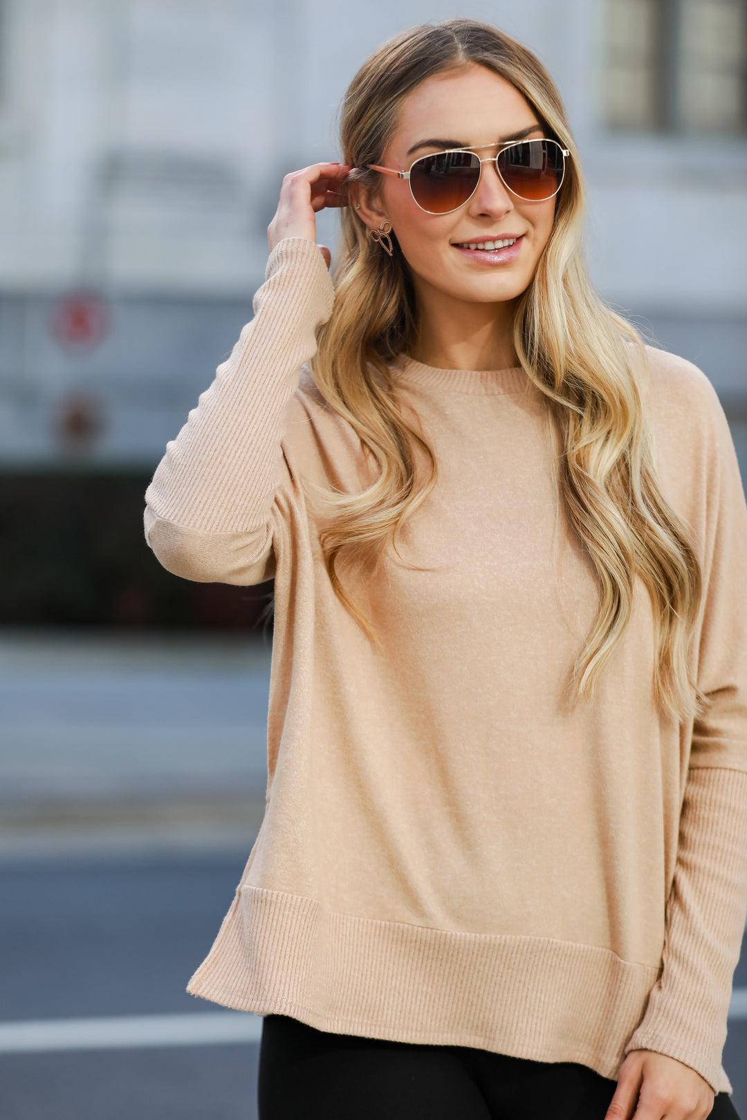 casual taupe Brushed Knit Top