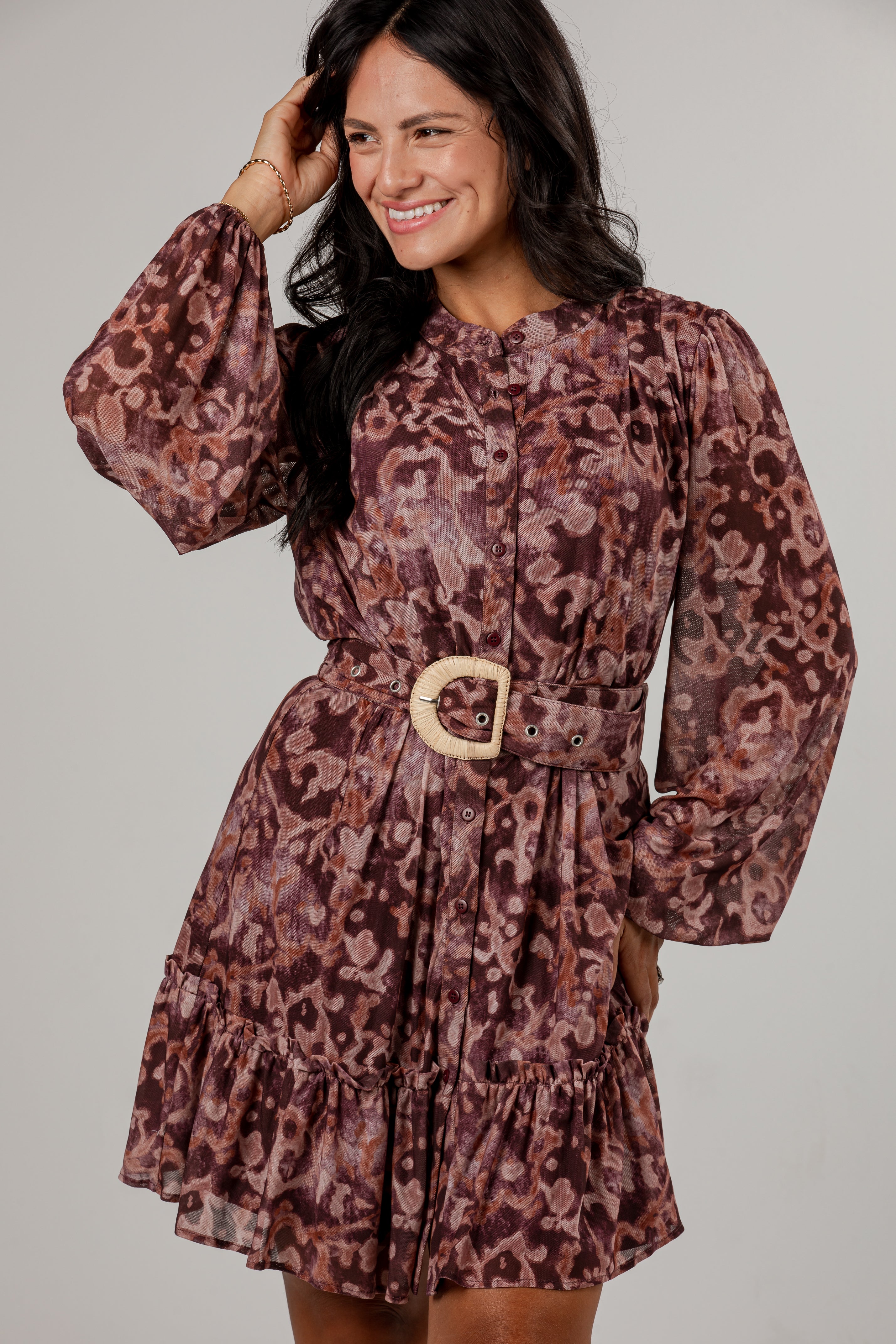 burgundy long sleeve mini dress Autumn Romance Floral Anewsta Ombre Brown Leopard __tab2:our-fabric-and-care-tips-bci-cotton-recycled-nylon 60% Polyester / 40% Size:XSM