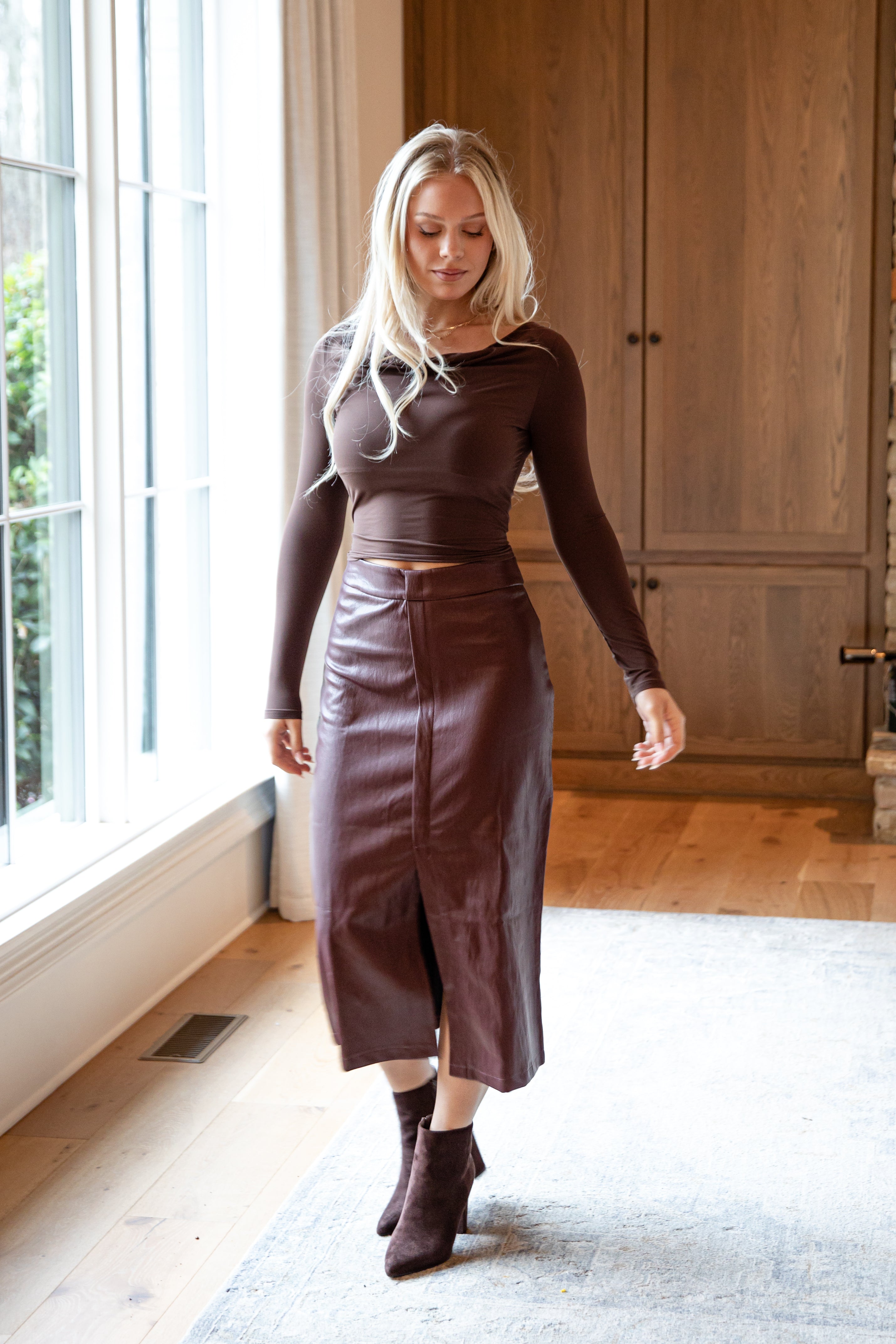 Holiday Burgundy Faux Leather Midi Skirt| Women Trendy Skirt | DressUp Holiday Burgundy Faux Leather Midi Skirt| Women Trendy Skirt | DressUp