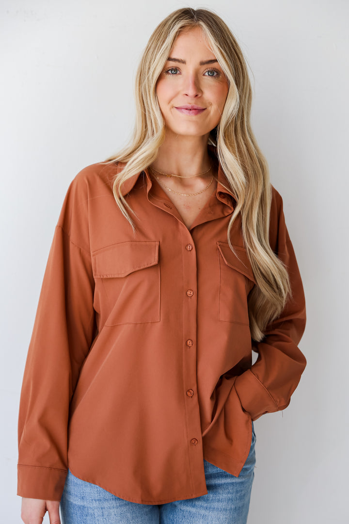 brown Button-Up Blouses