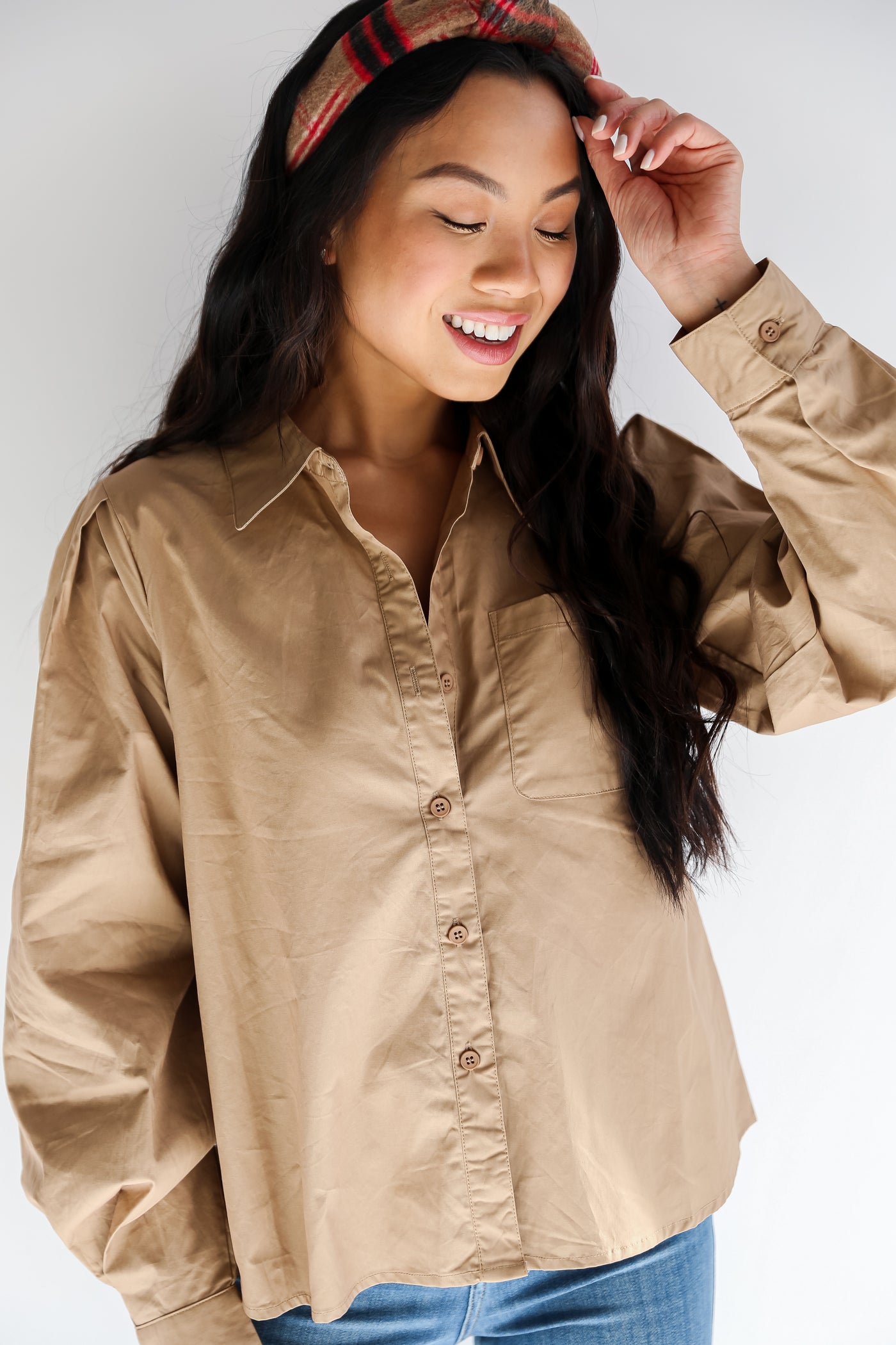 taupe Button-Up Blouse  close up