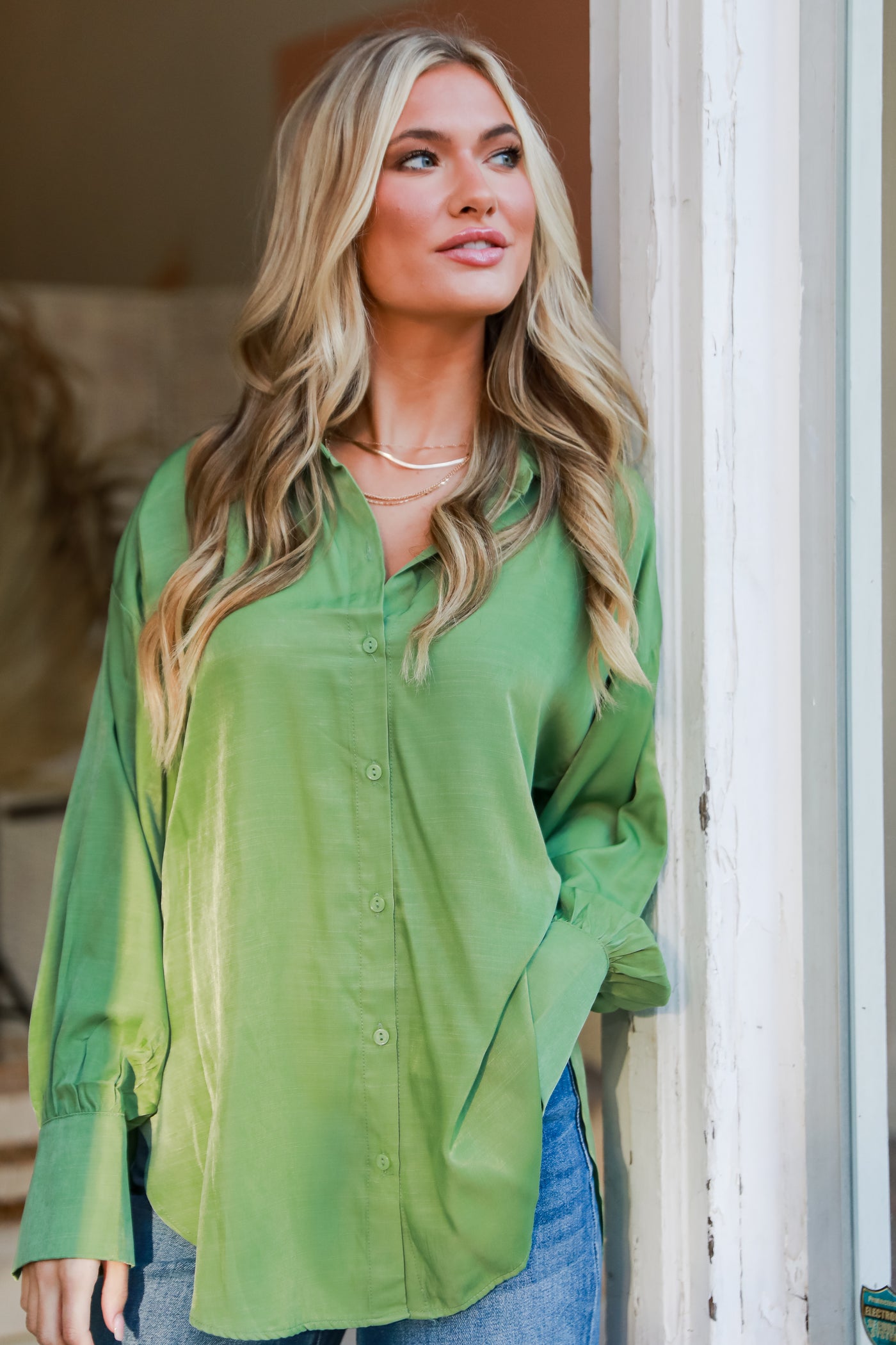 sage Satin Button-Up Blouse on model