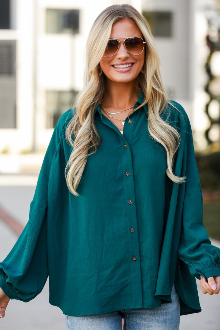 teal Oversized Button-Up Blouse