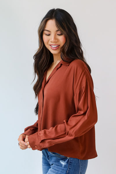 trendy rust Cropped Button-Up Blouse