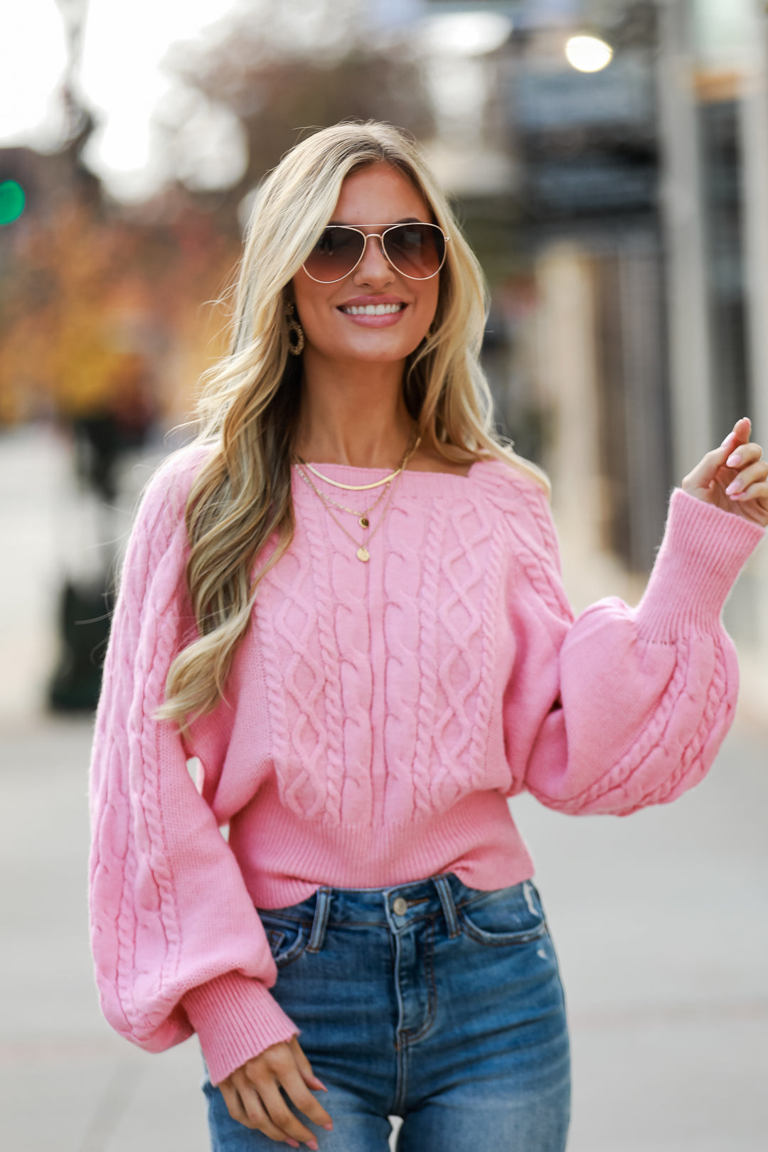 pink Cable Knit Sweater Top