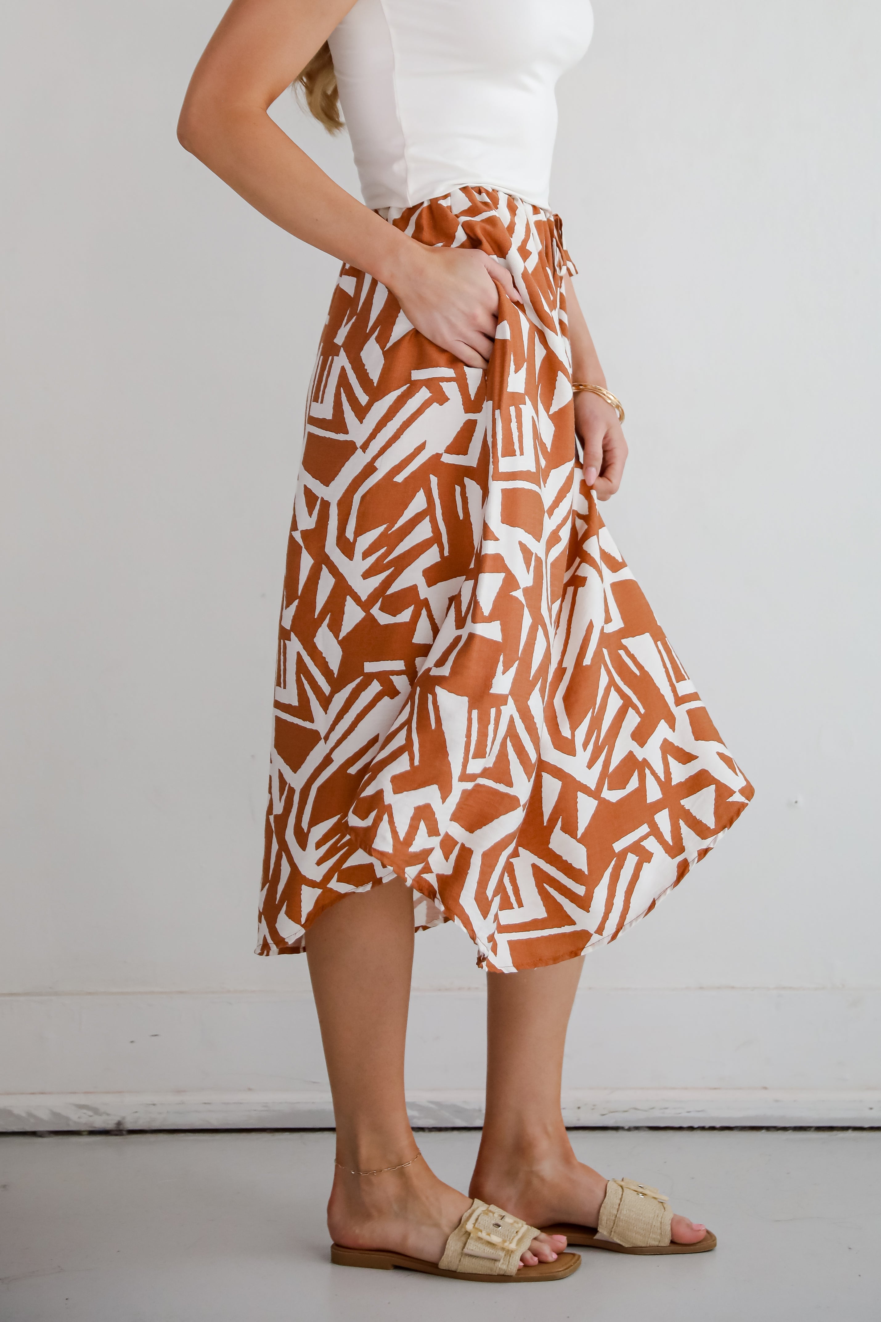 Tropical Blooms Camel Midi Skirt