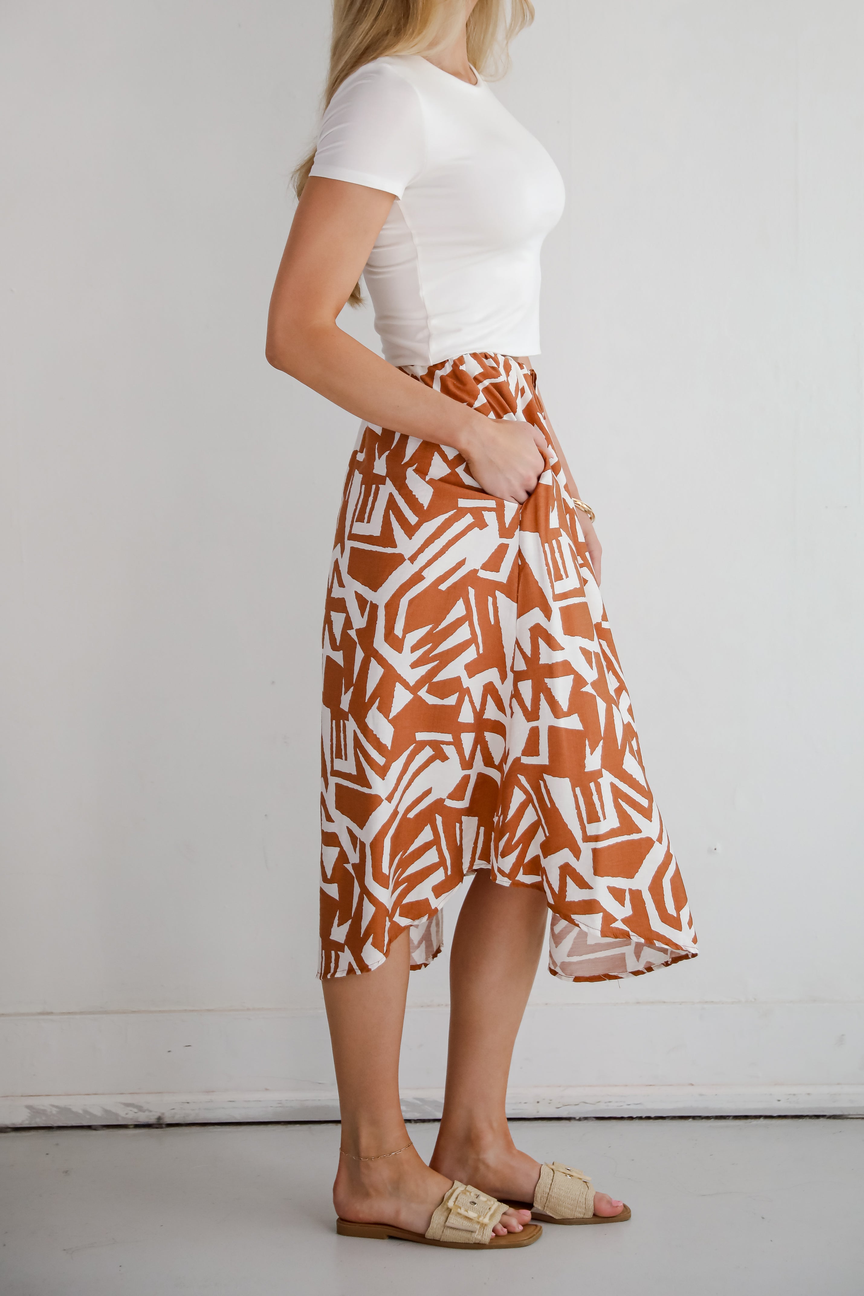 Tropical Blooms Camel Midi Skirt