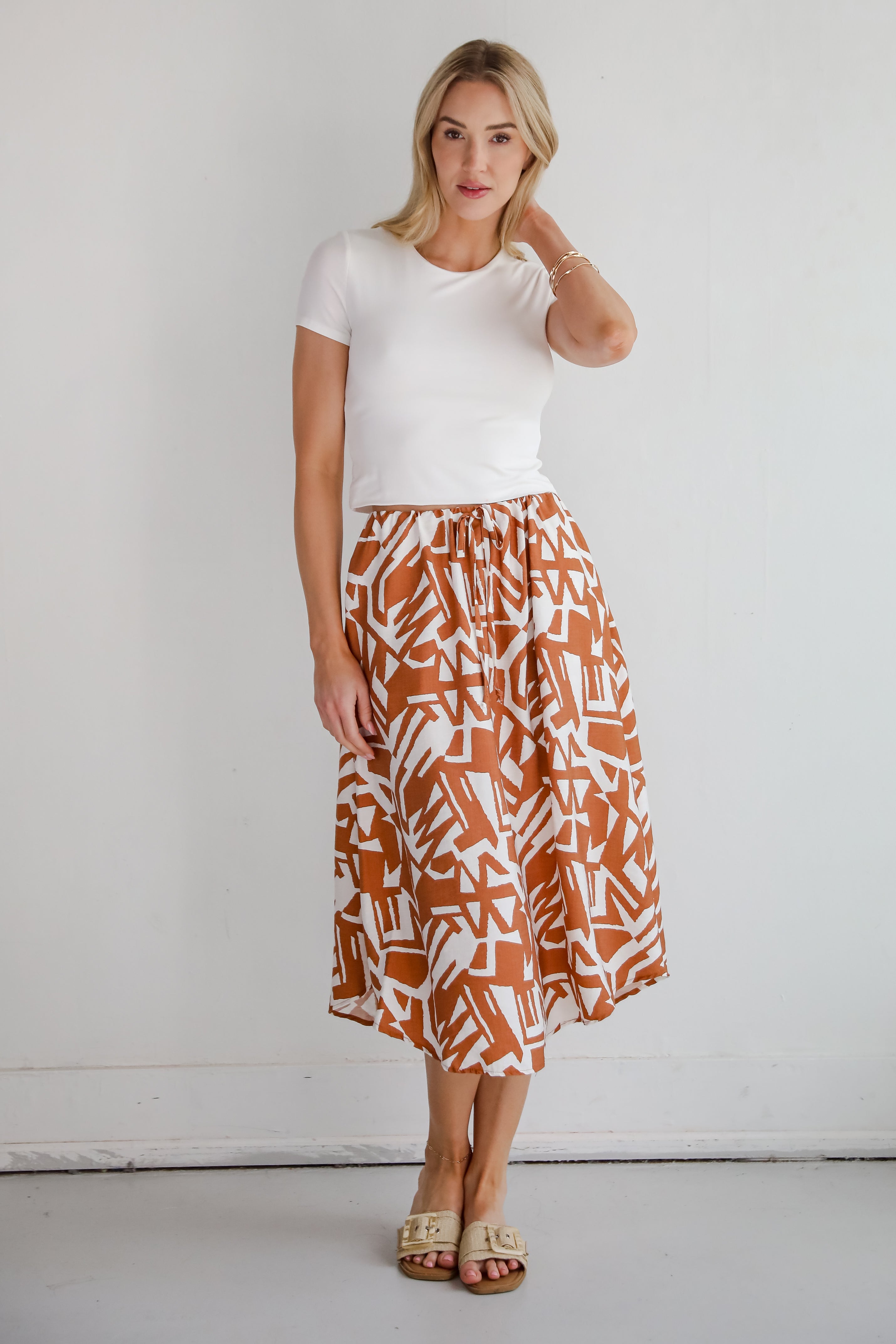 Tropical Blooms Camel Midi Skirt