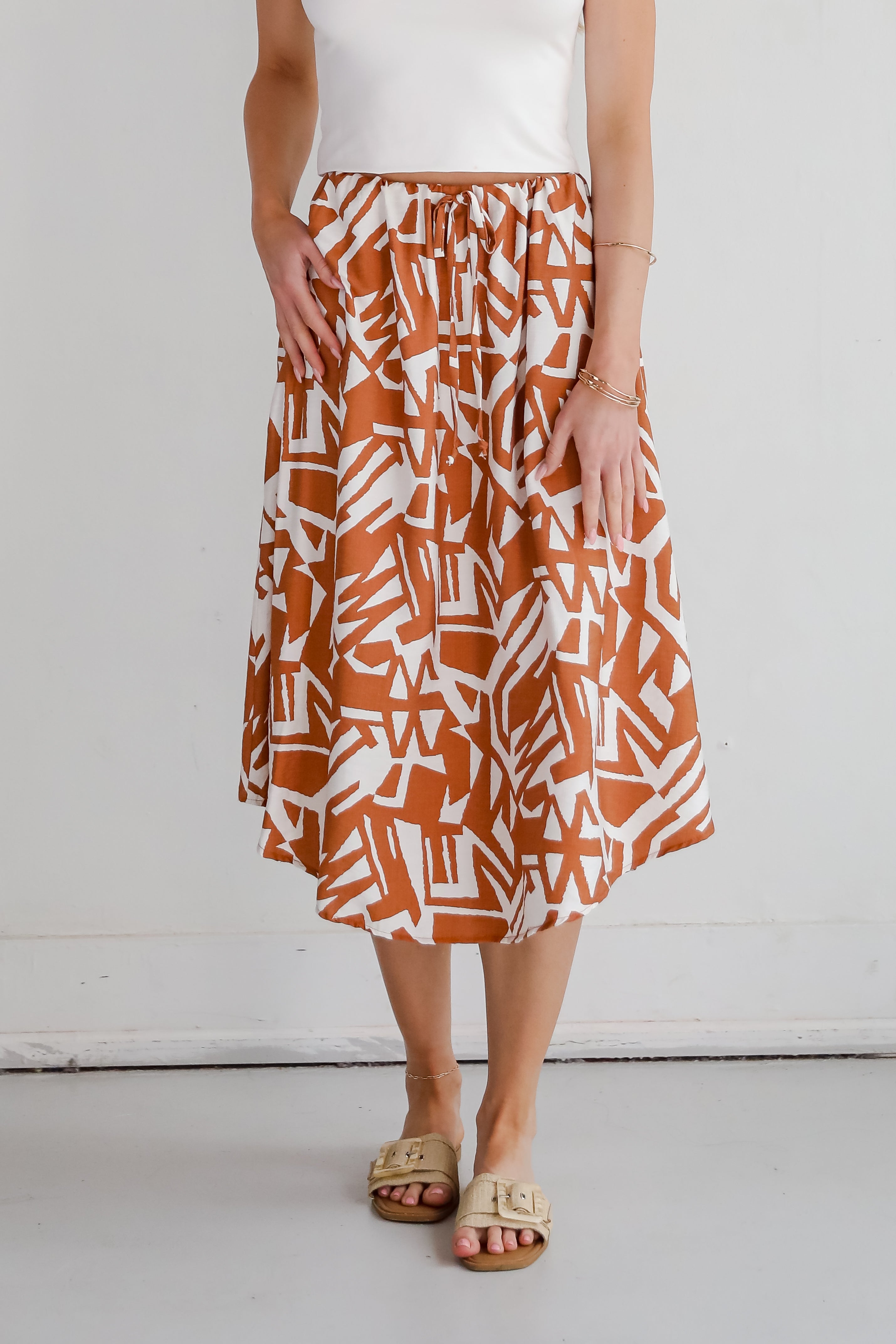 Tropical Blooms Camel Midi Skirt