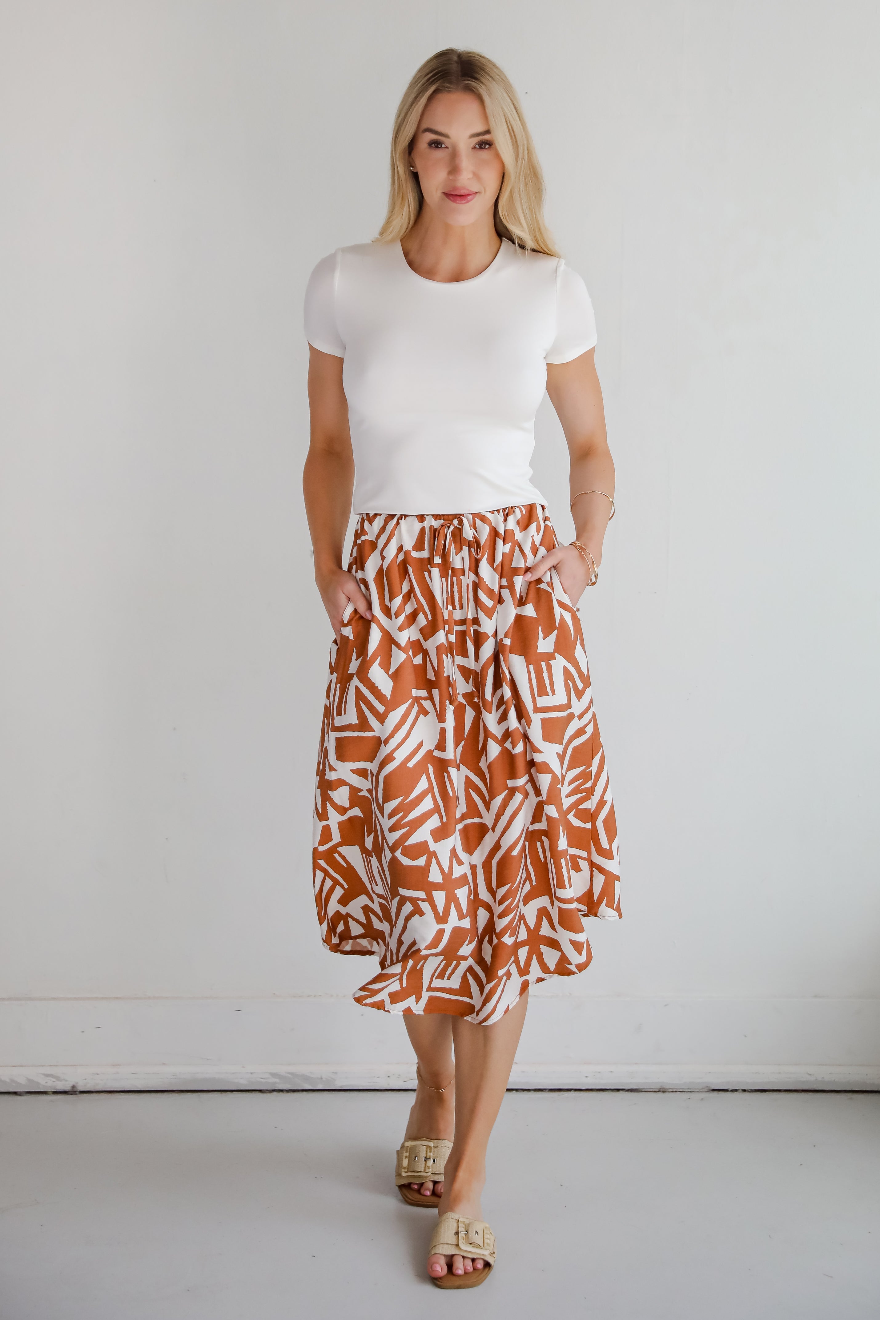 Tropical Blooms Camel Midi Skirt