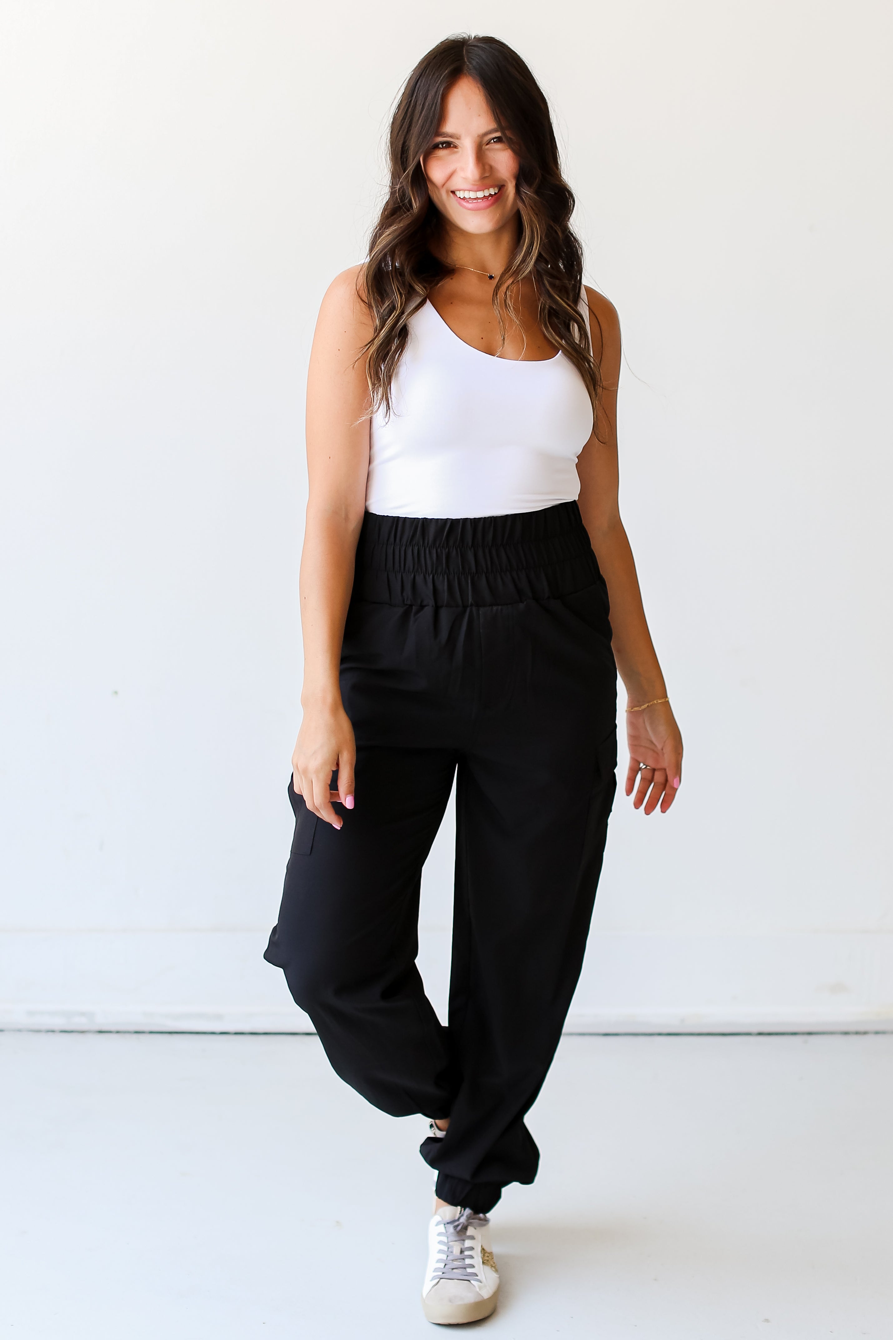 black Cargo Joggers on model