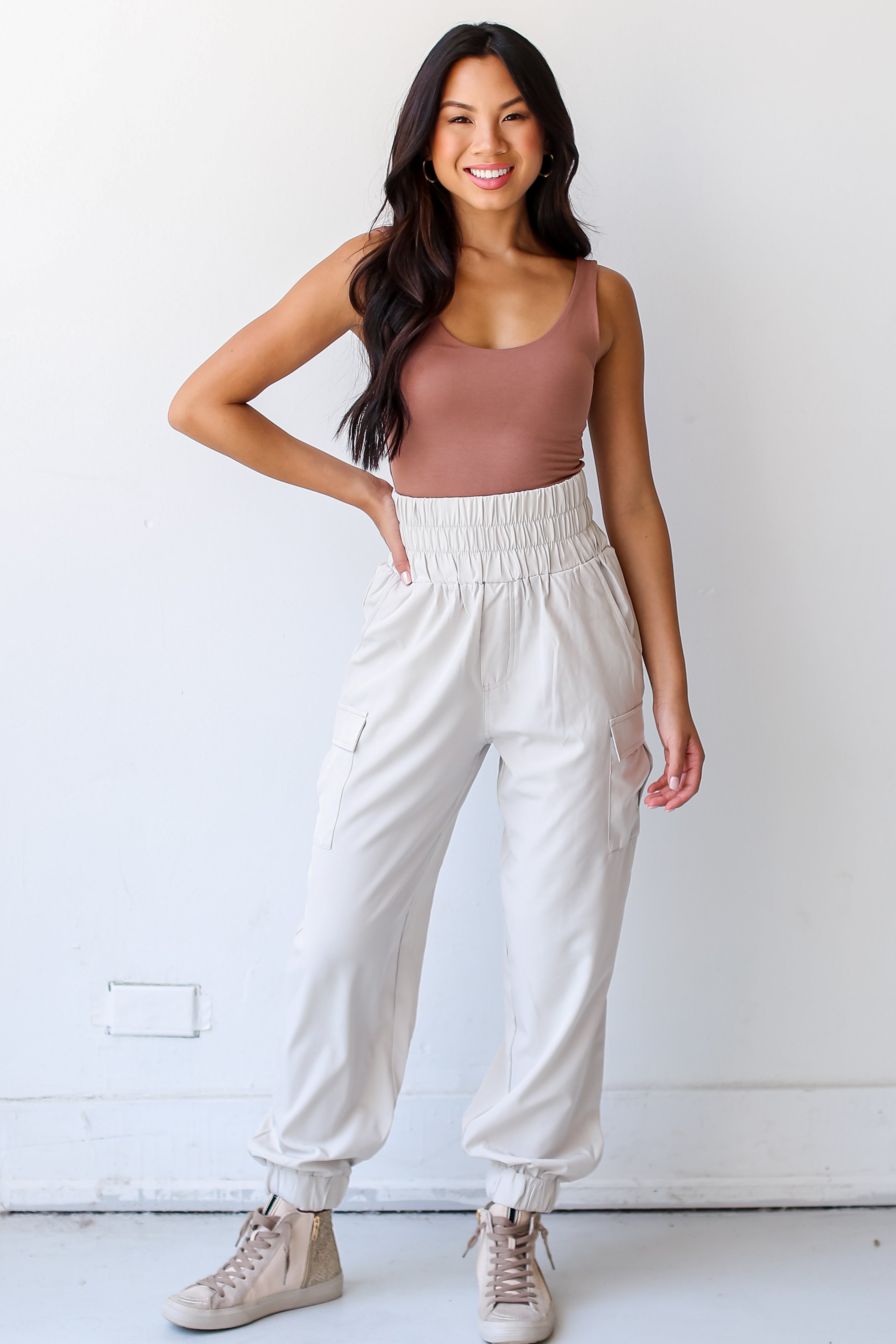 cream Cargo Joggers on model