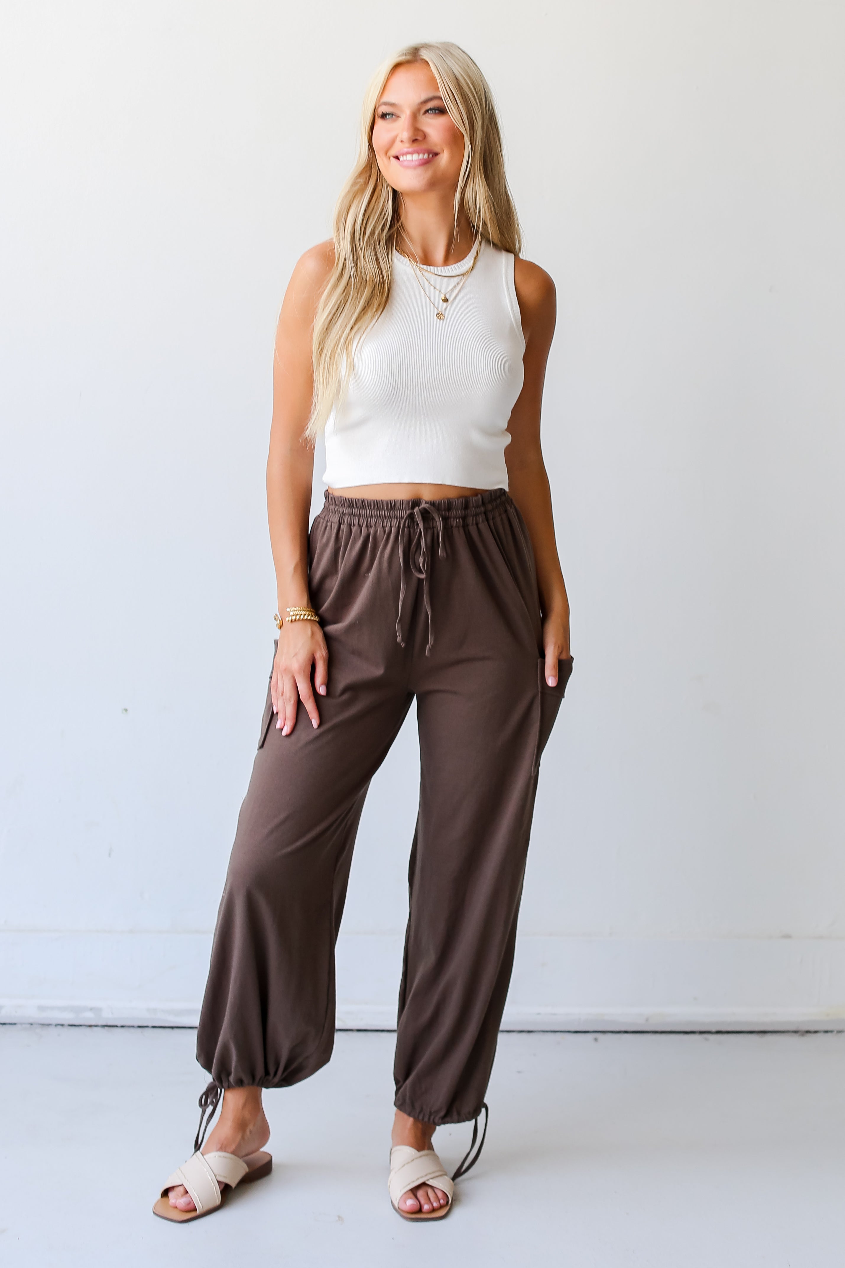 olive cargo Joggers on dress up model