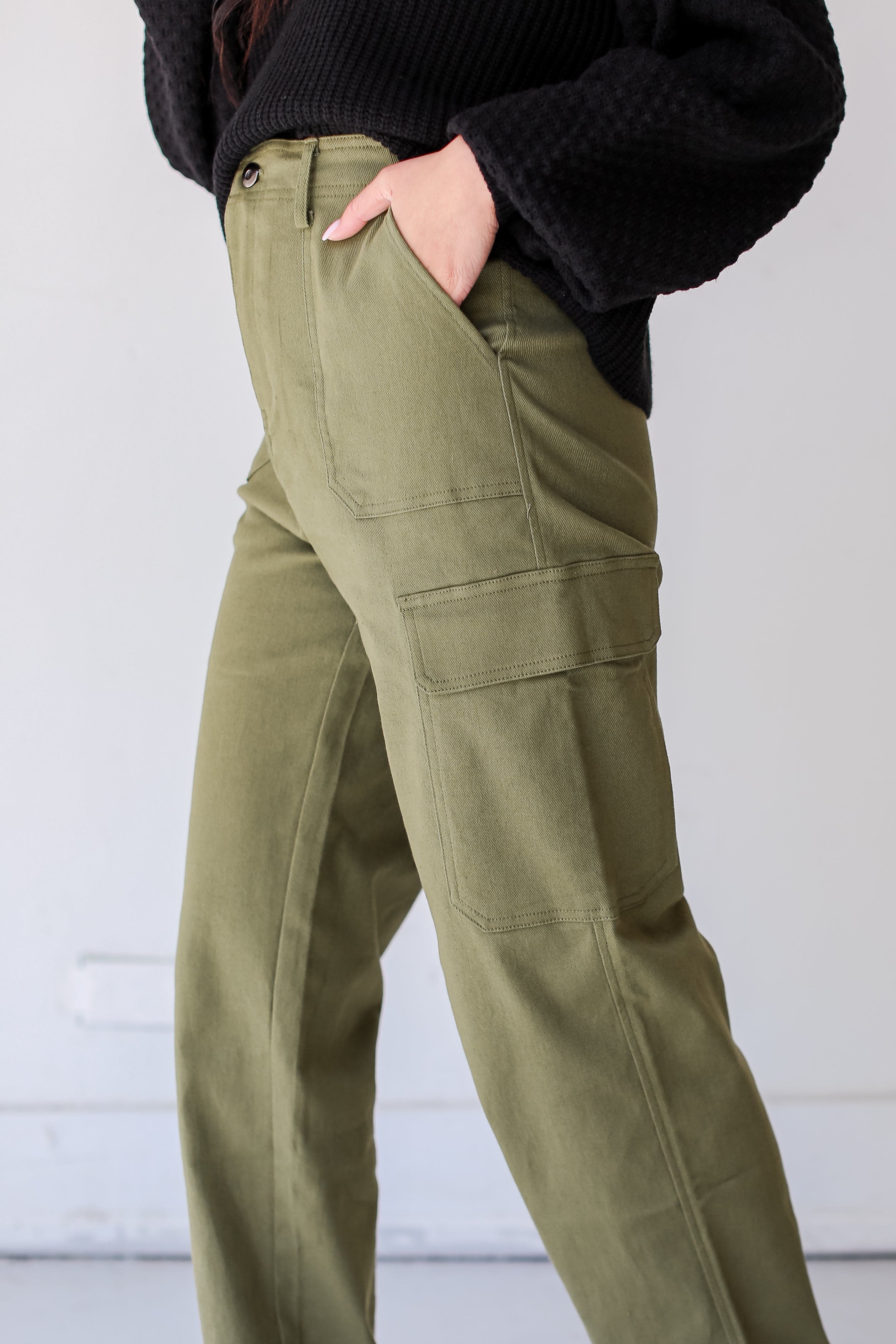 olive Cargo Jeans side view close up