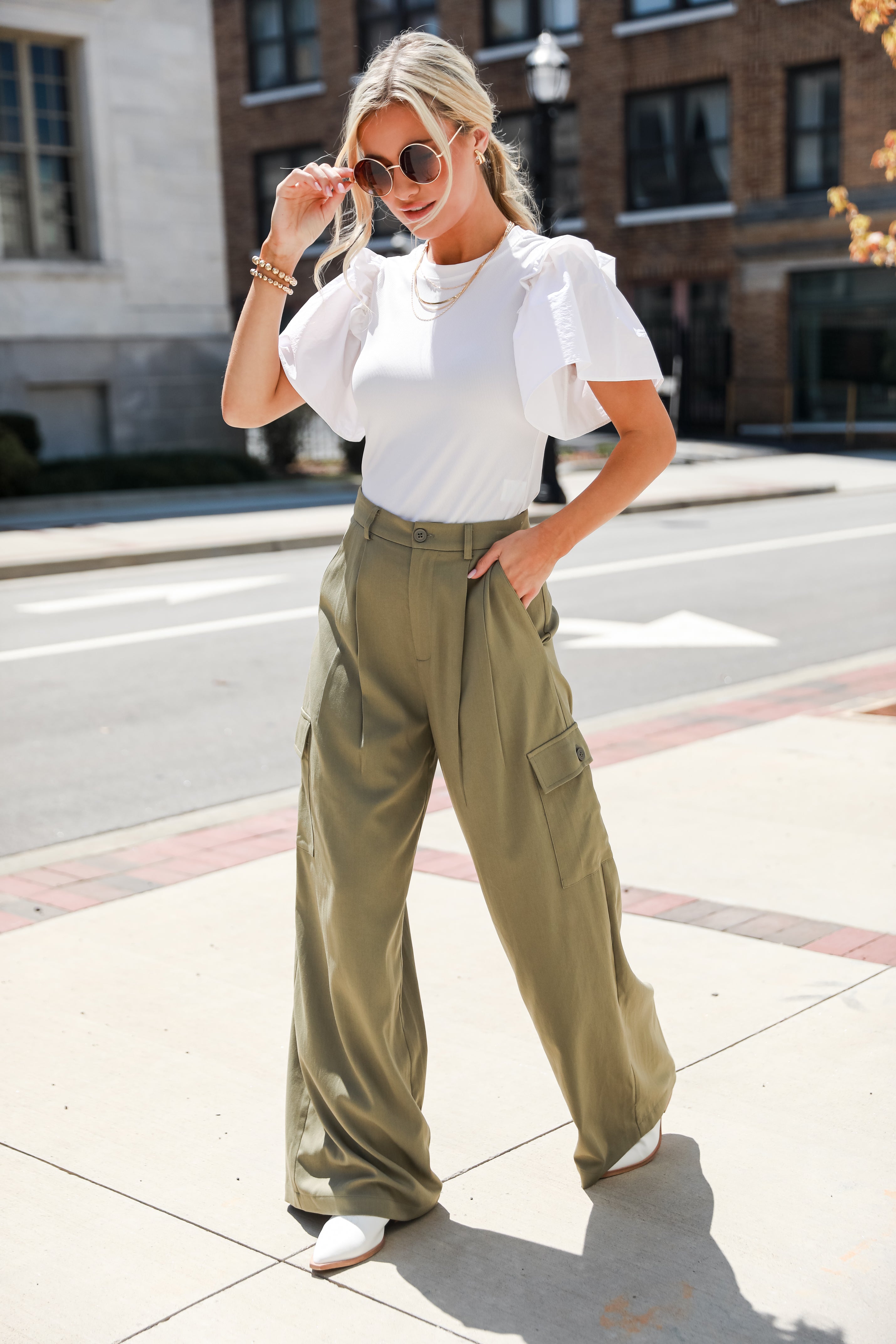 olive Cargo Trouser Pants on model