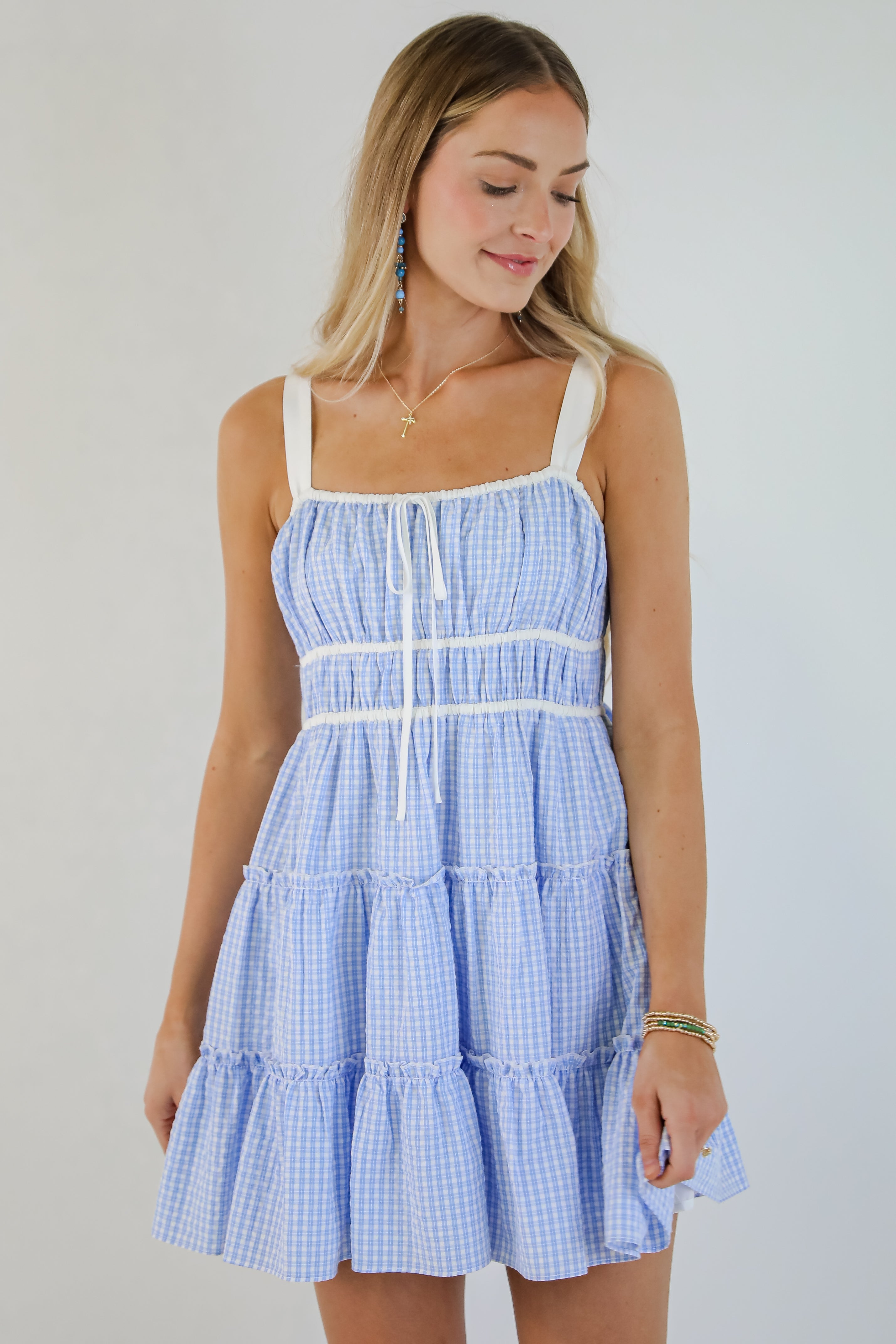 Heartfelt Moment Chambray Plaid Tiered Mini Dress