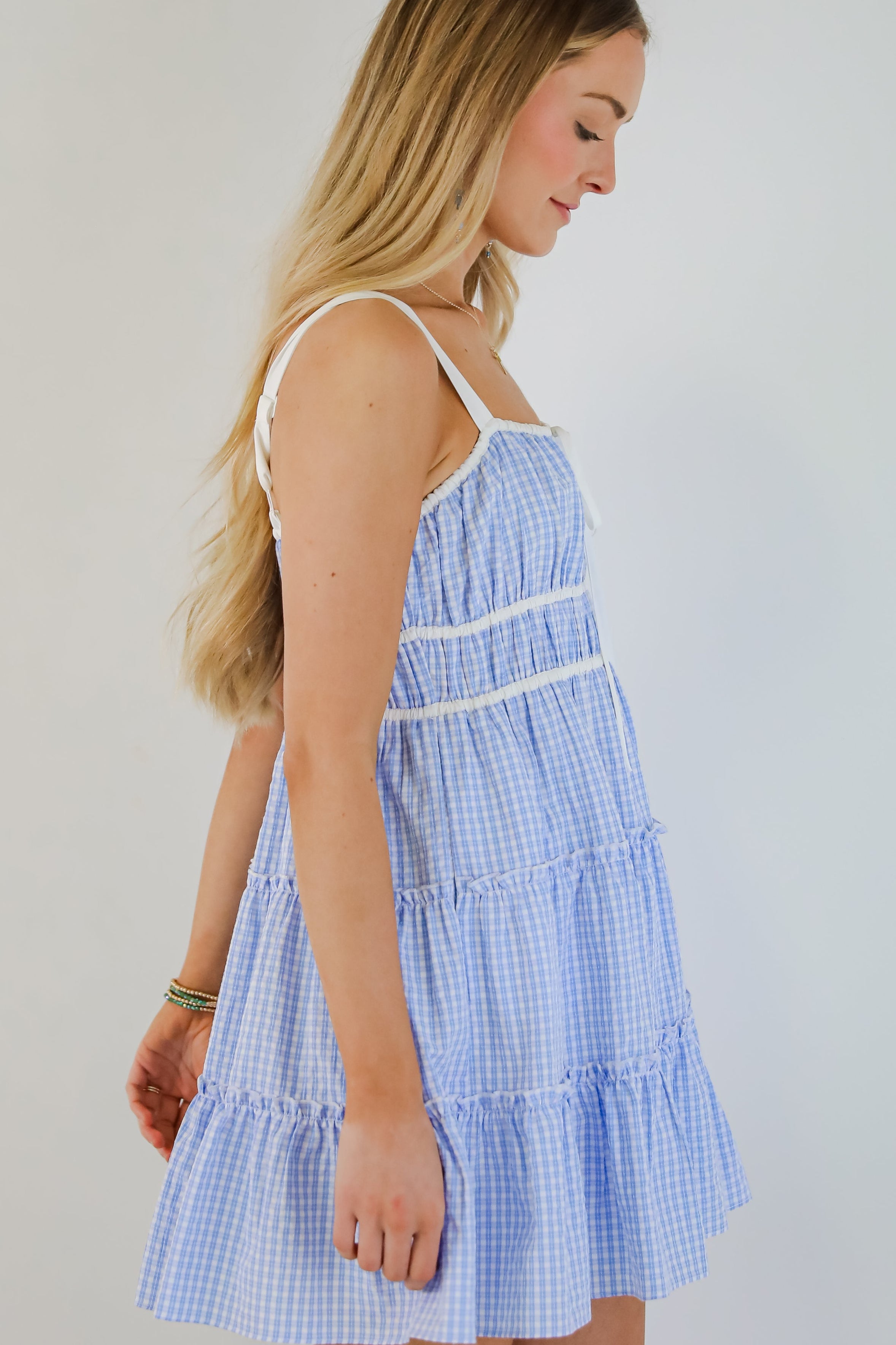 Heartfelt Moment Chambray Plaid Tiered Mini Dress
