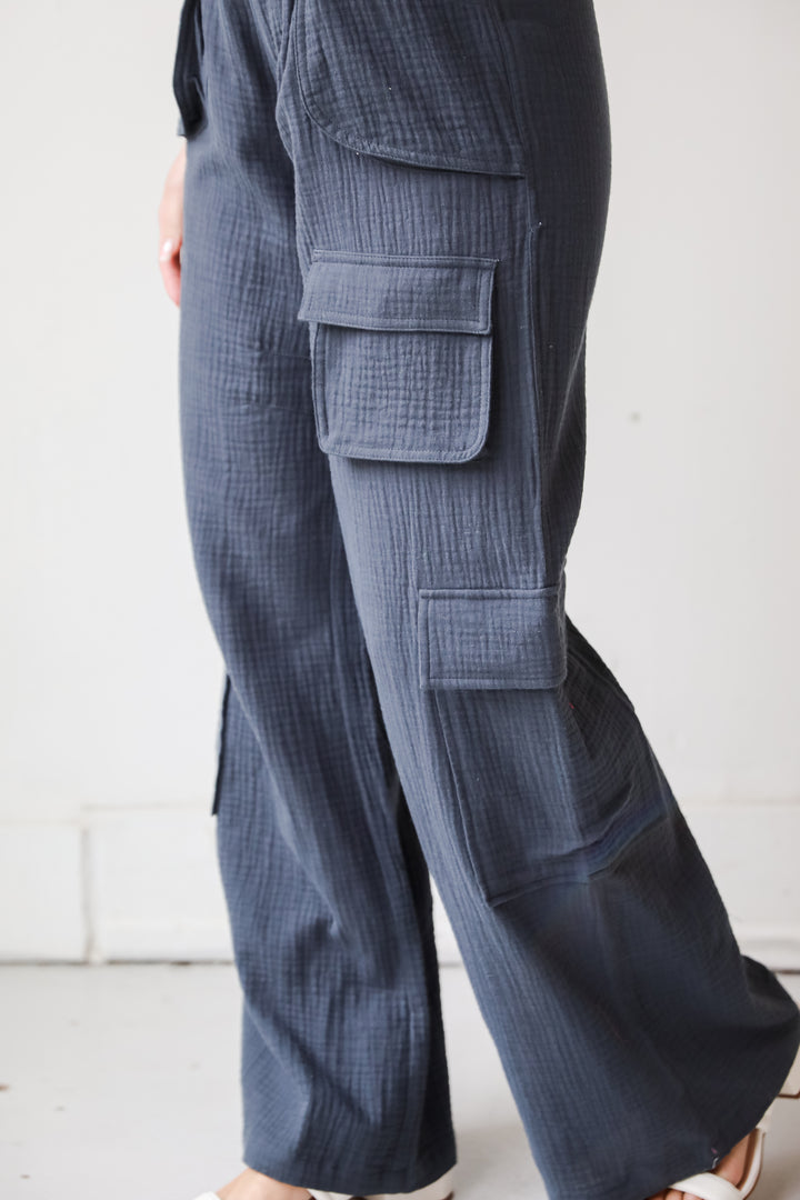 trendy Charcoal Linen Cargo Pants