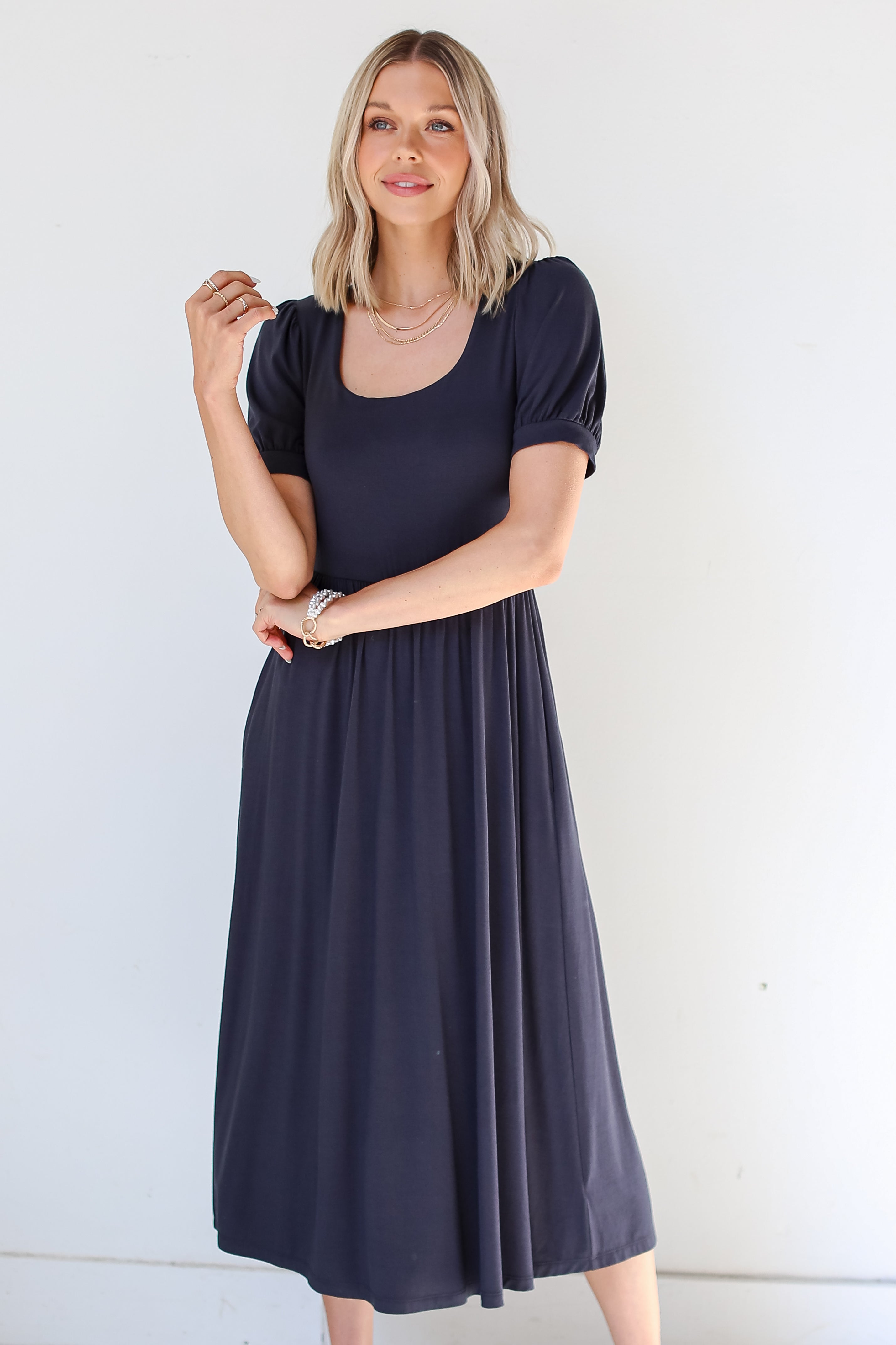 charcoal Midi Dress on dress up model