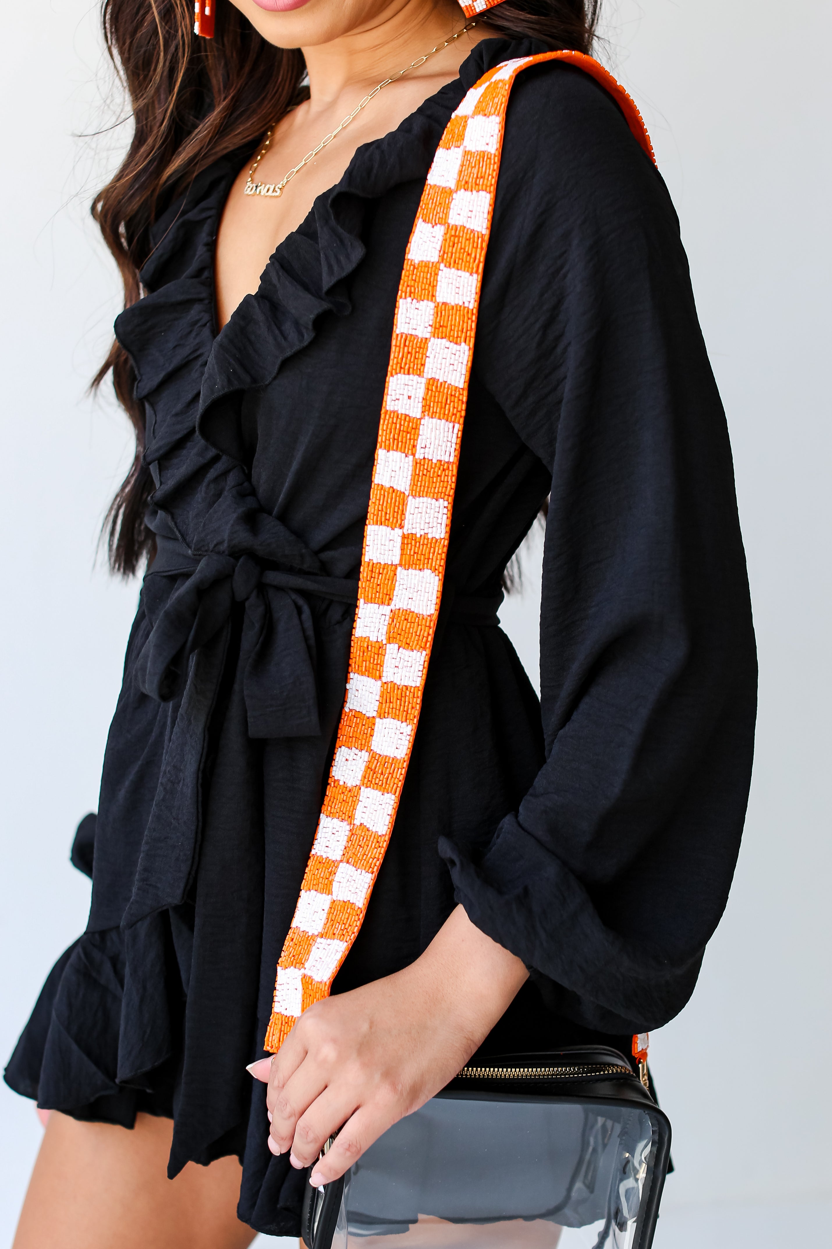 Orange + White Checkered Beaded Purse Strap on model