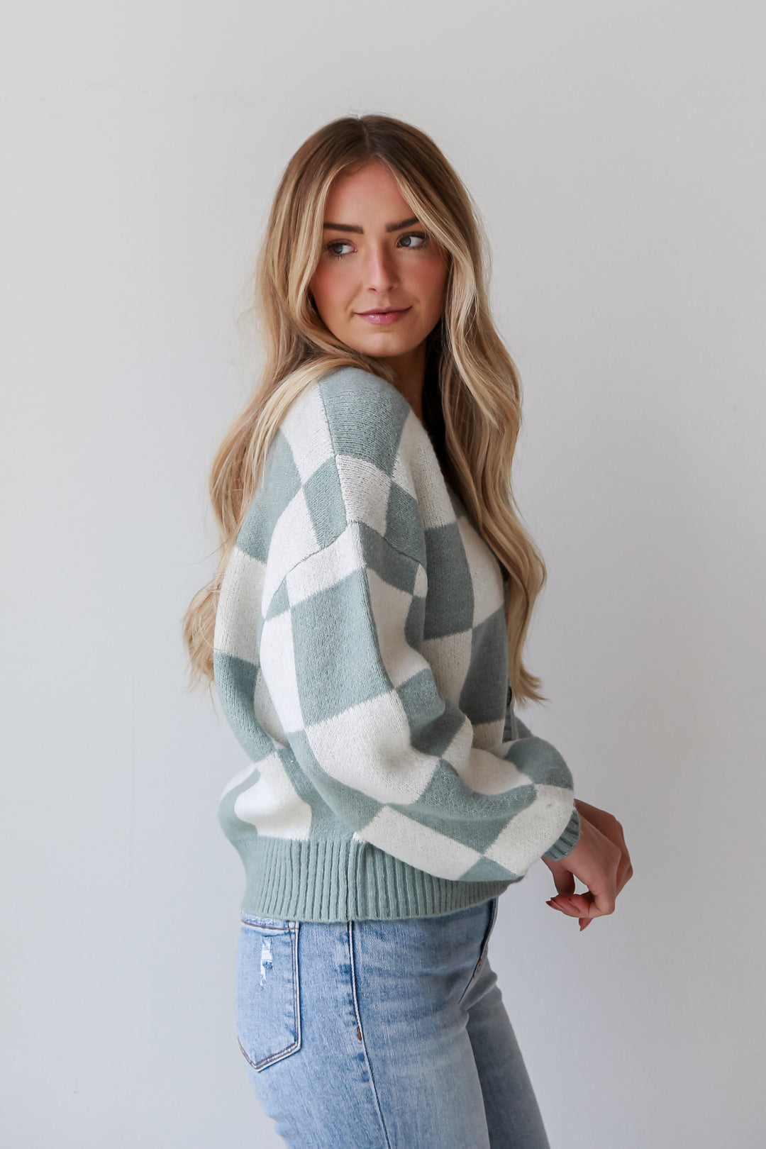 Sage Checkered Sweater Cardigan for women
