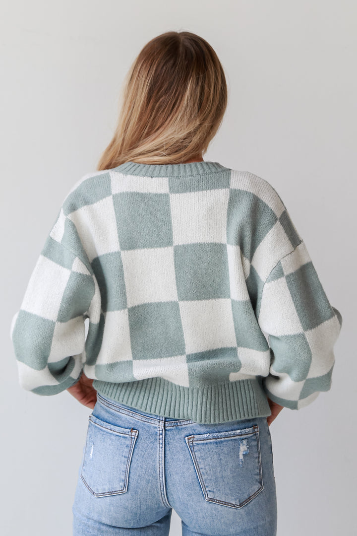 Sage Checkered Sweater Cardigan back view