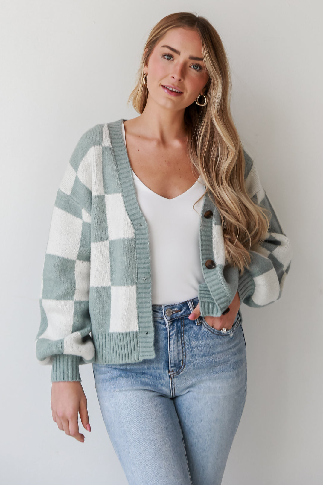 Sage Checkered Sweater Cardigan on model