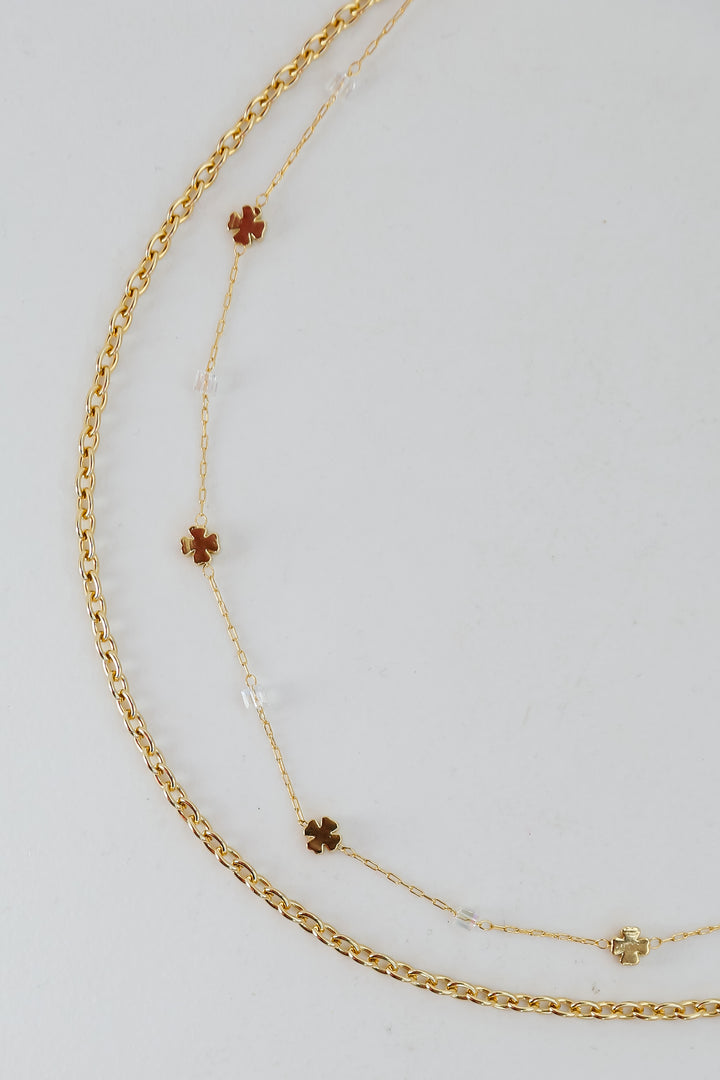 Gold Four Leaf Clover Layered Chain Necklace