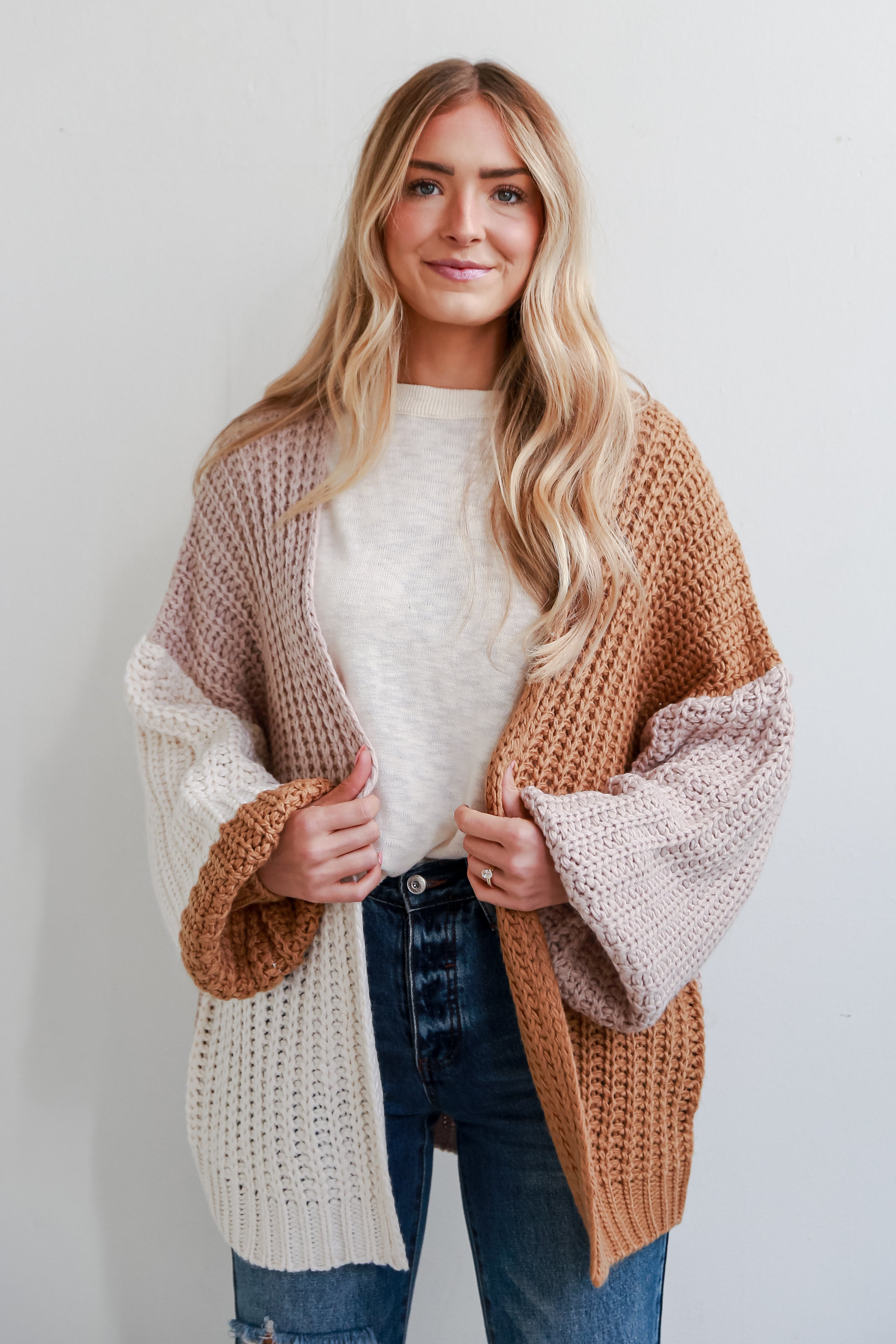 Camel Color Block Sweater Cardigan close up