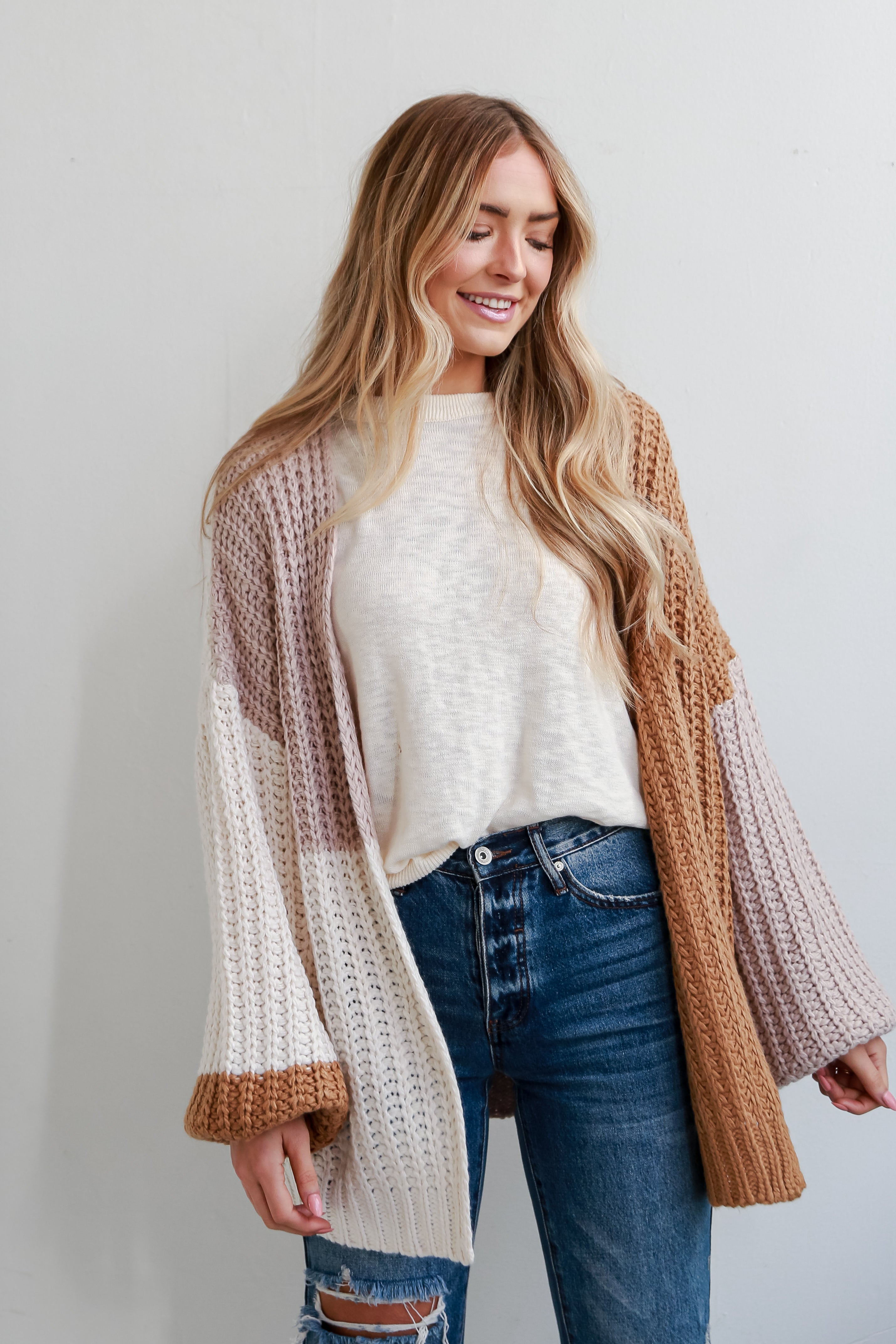 oversized Camel Color Block Sweater Cardigan