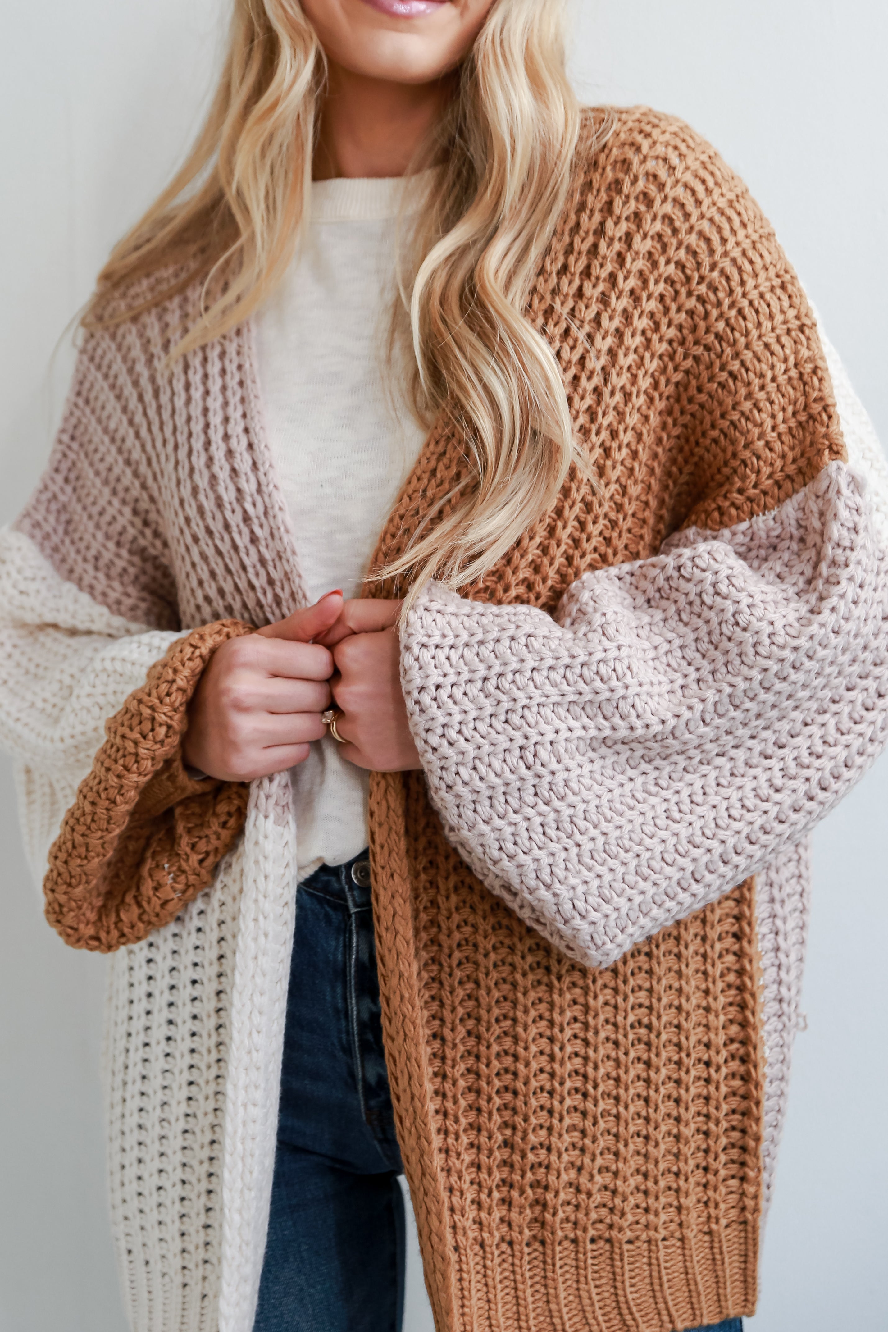 Camel Color Block Sweater Cardigan front view