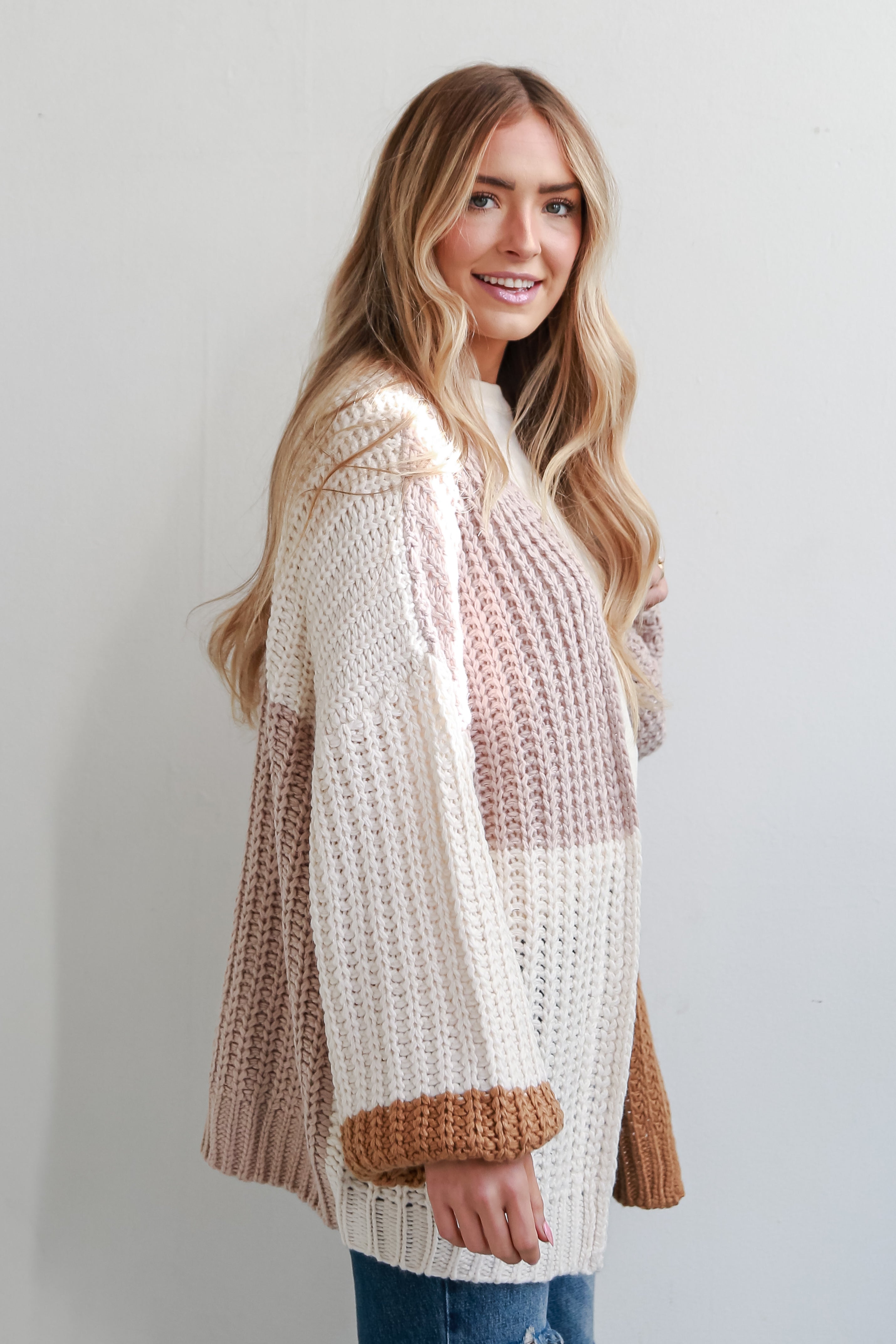 Camel Color Block Sweater Cardigan on model