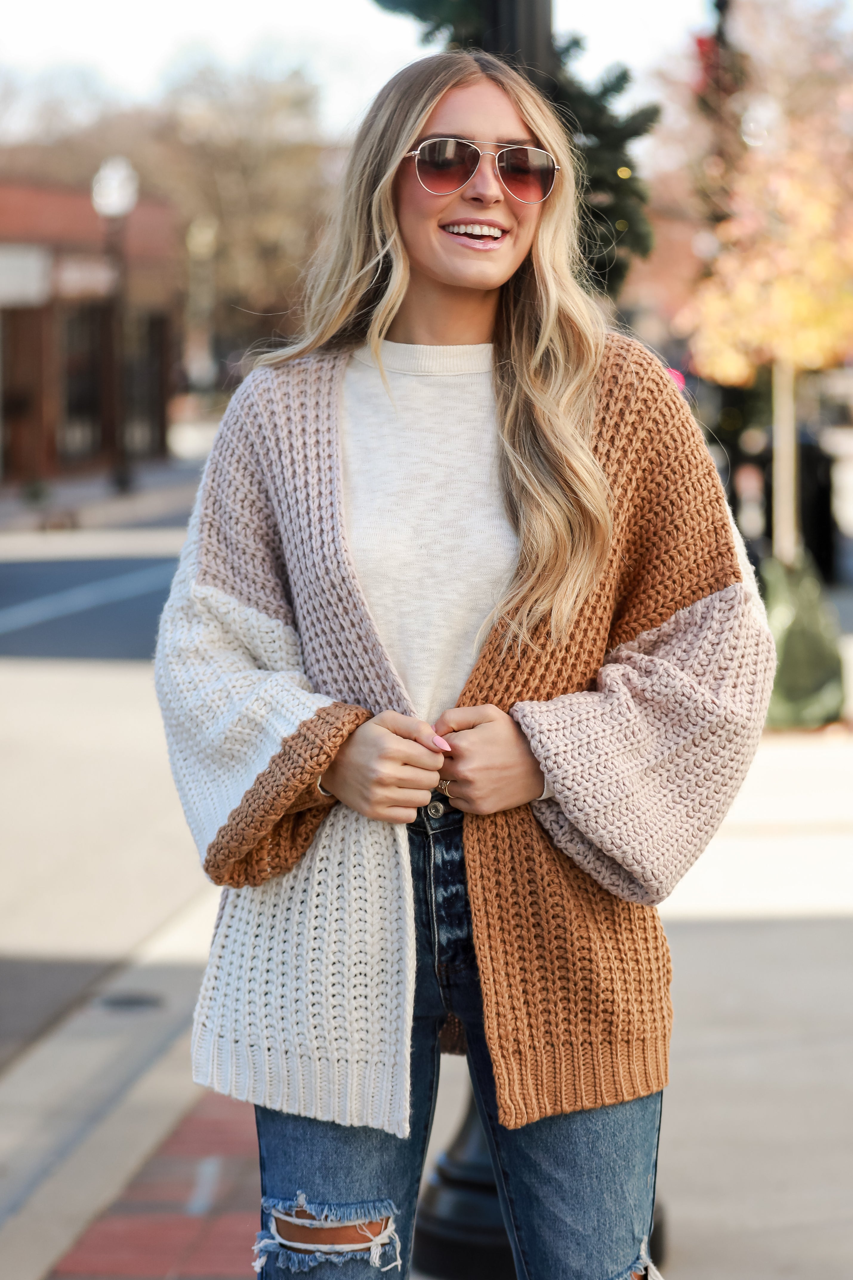 Camel Color Block Sweater Cardigan