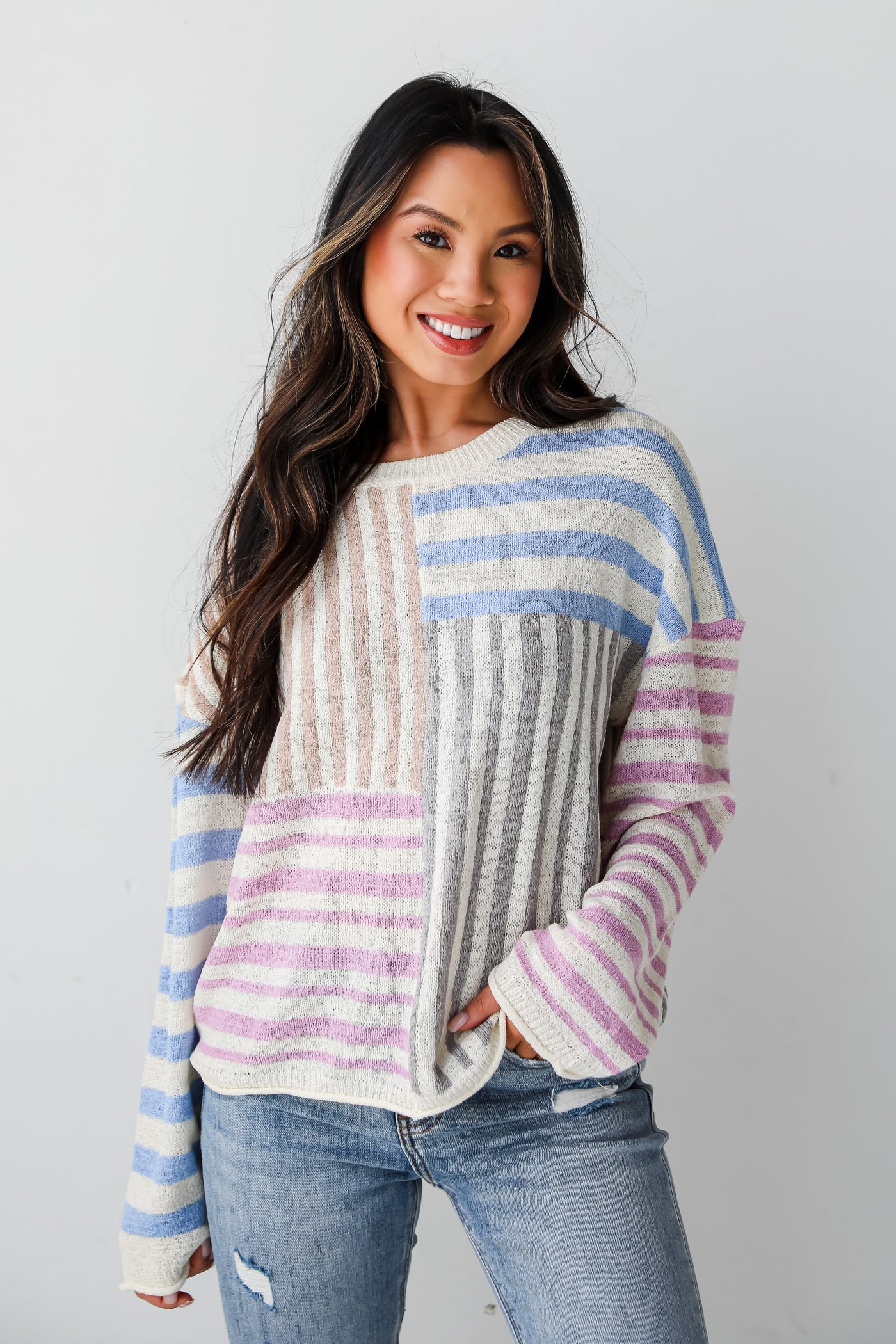 trendy taupe Color Block Striped Lightweight Knit Top