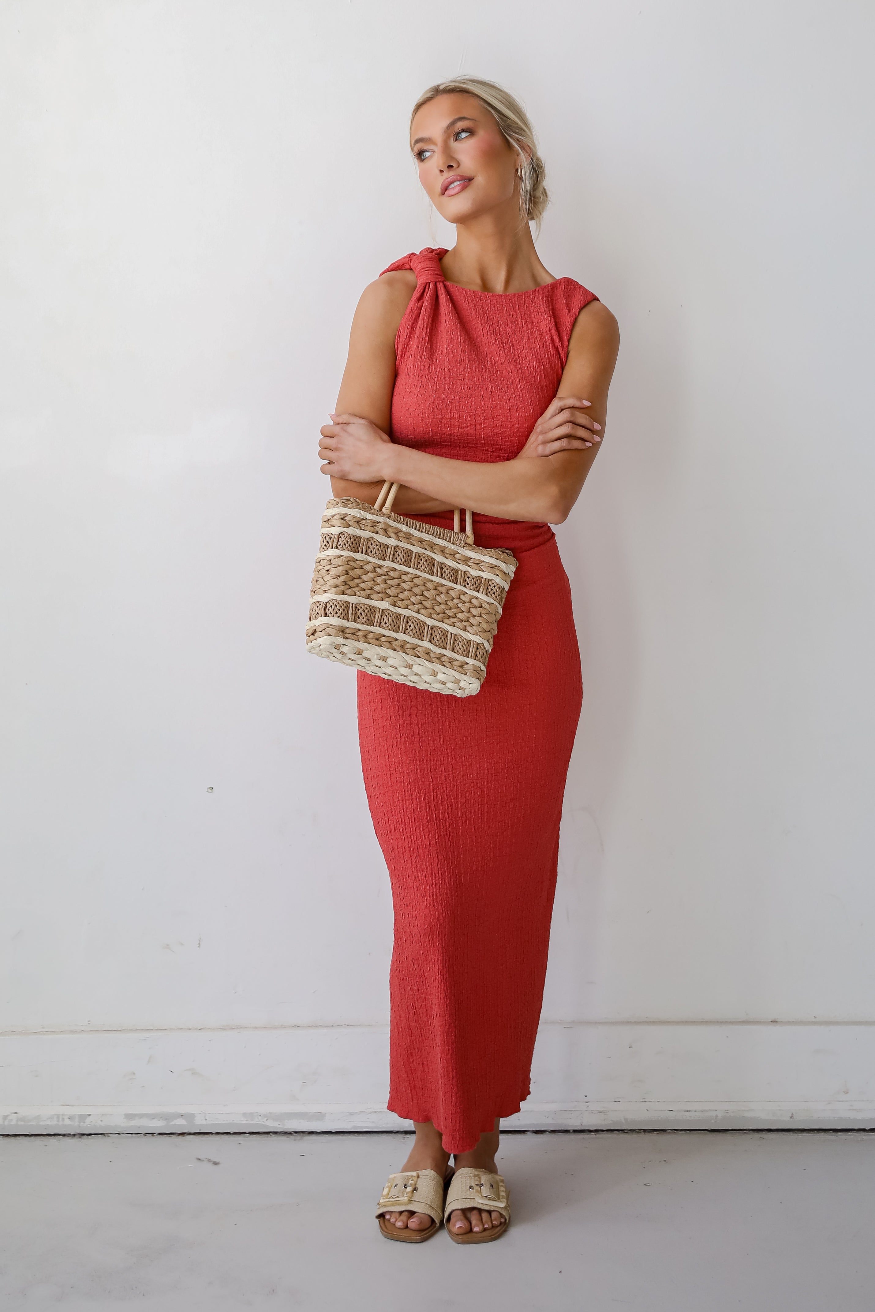 Social Sensation Coral Ruched Maxi Dress