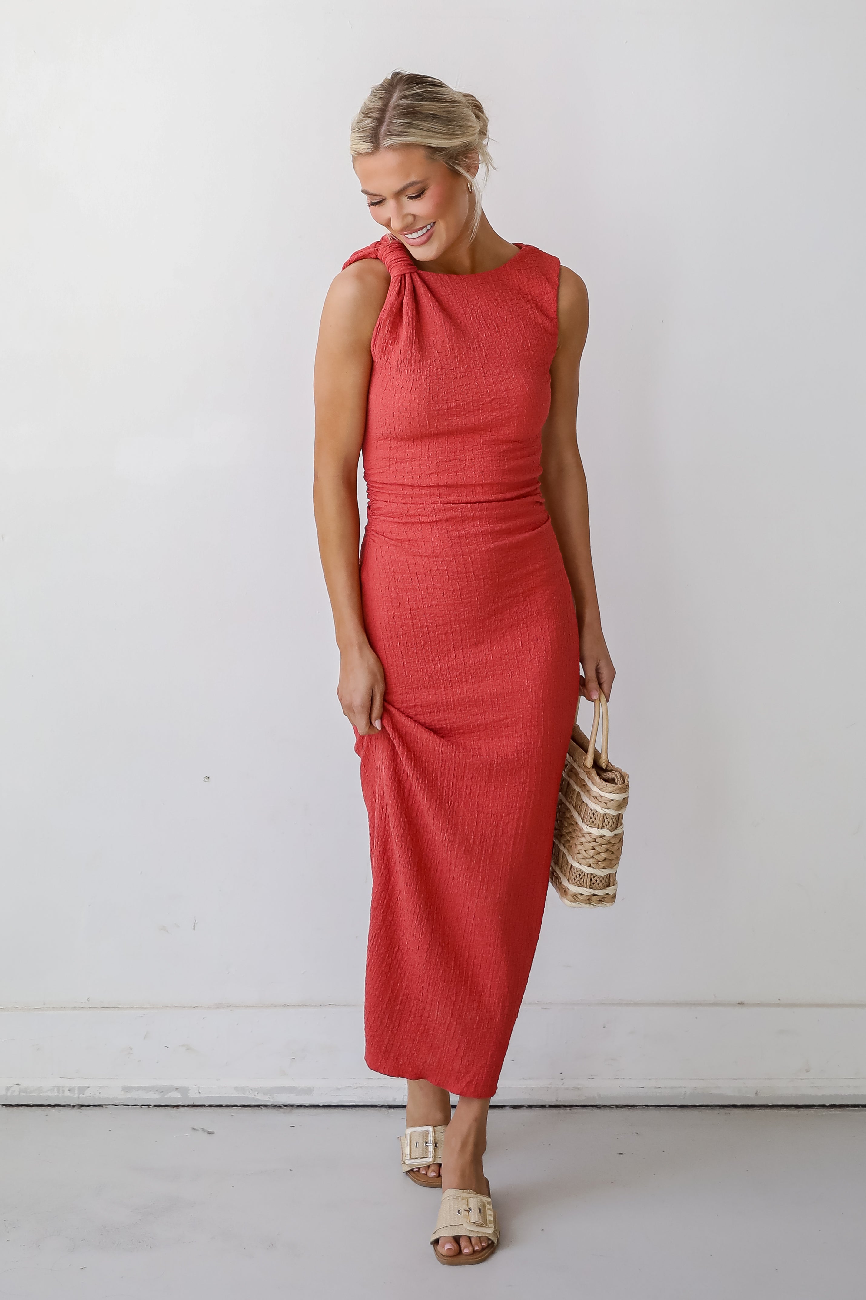 Social Sensation Coral Ruched Maxi Dress