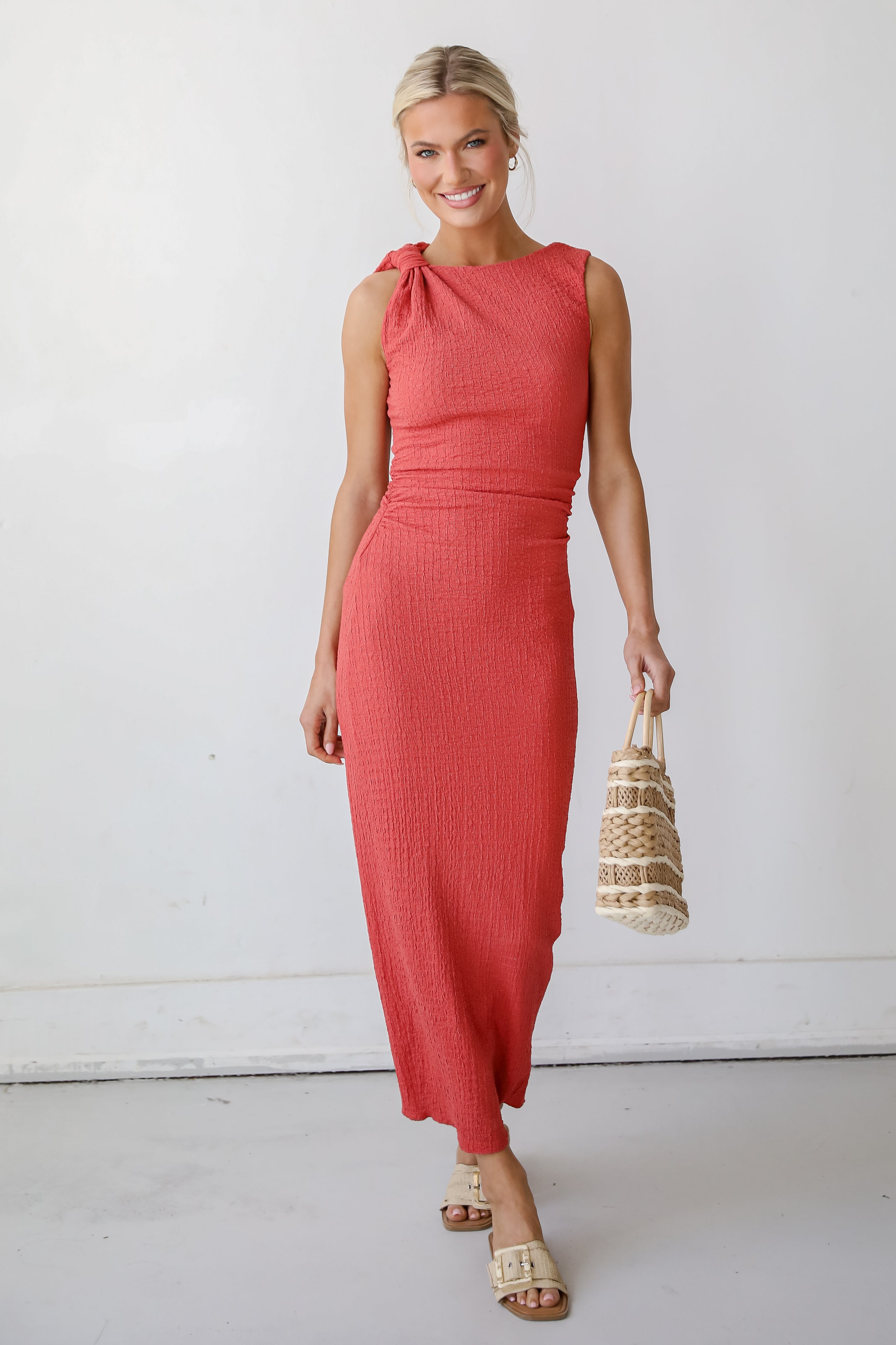 Social Sensation Coral Ruched Maxi Dress