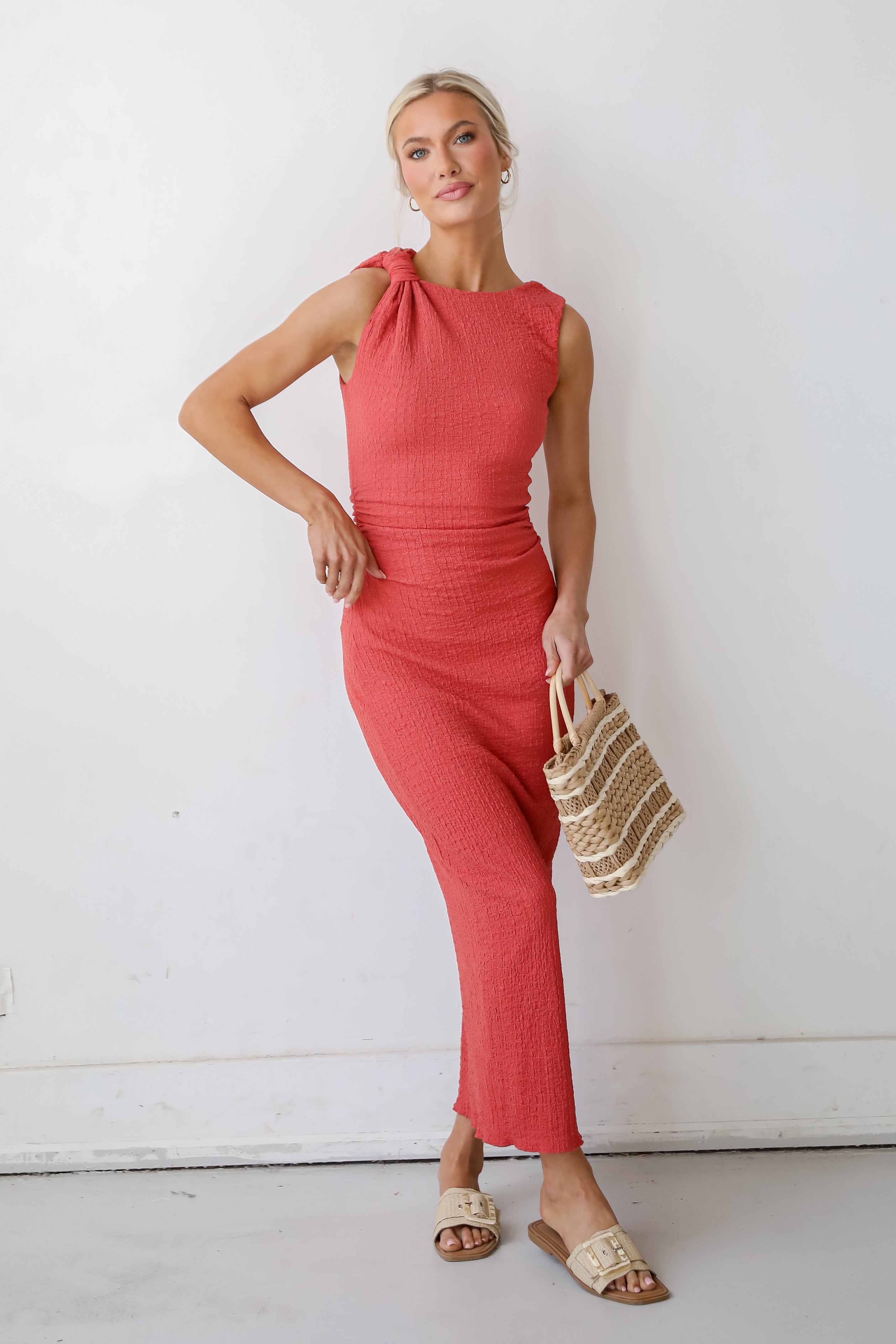 Social Sensation Coral Ruched Maxi Dress
