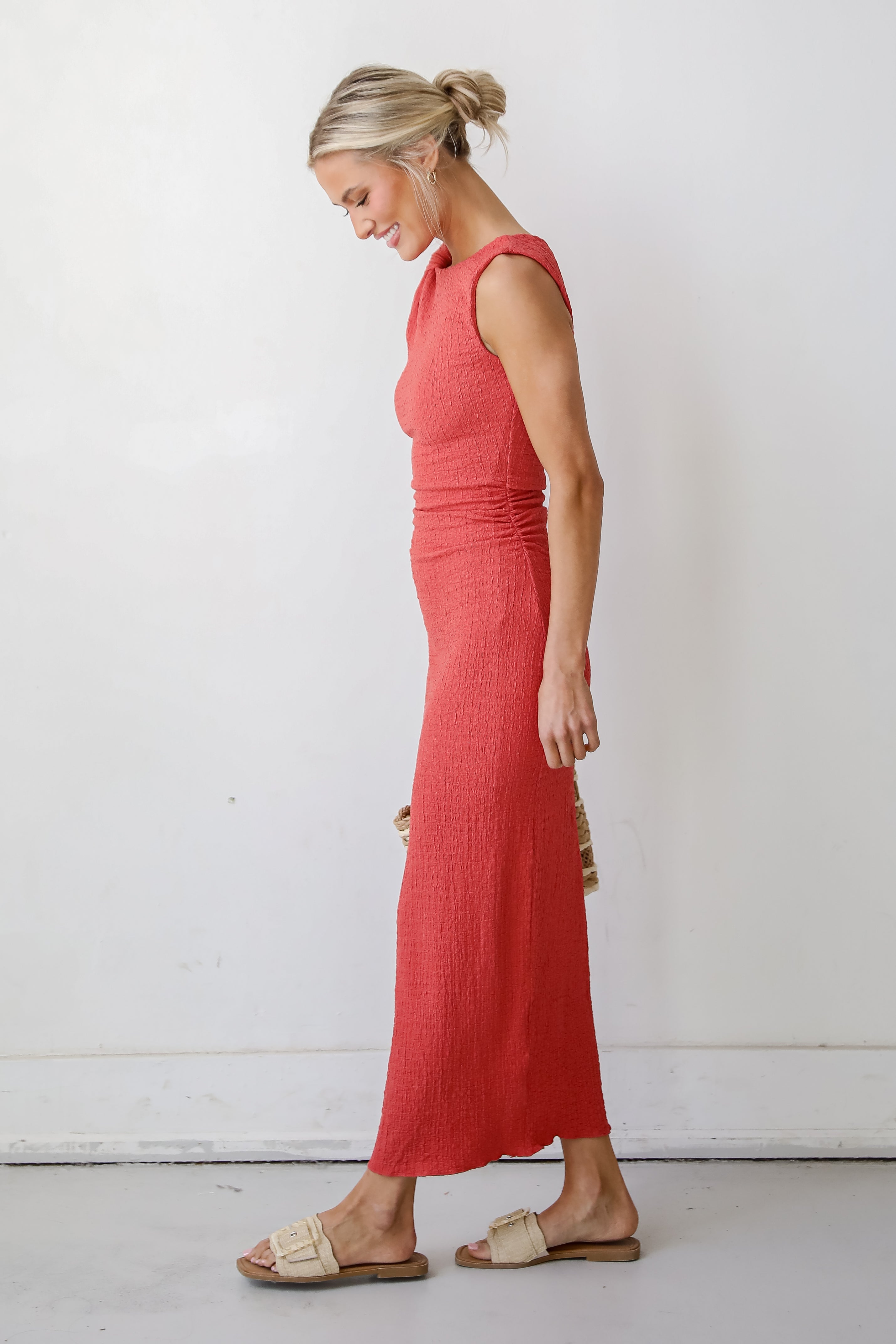 Social Sensation Coral Ruched Maxi Dress