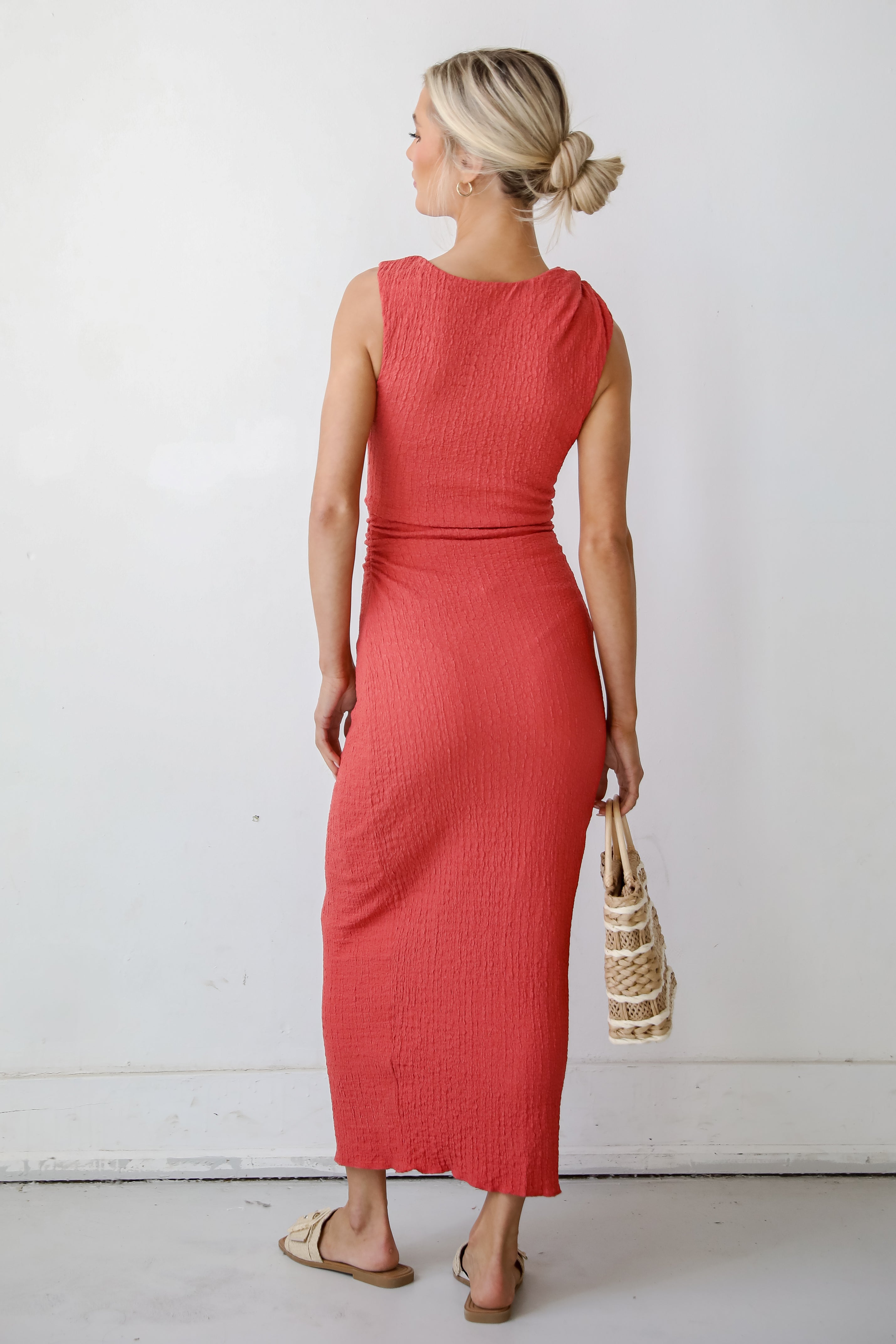 Social Sensation Coral Ruched Maxi Dress
