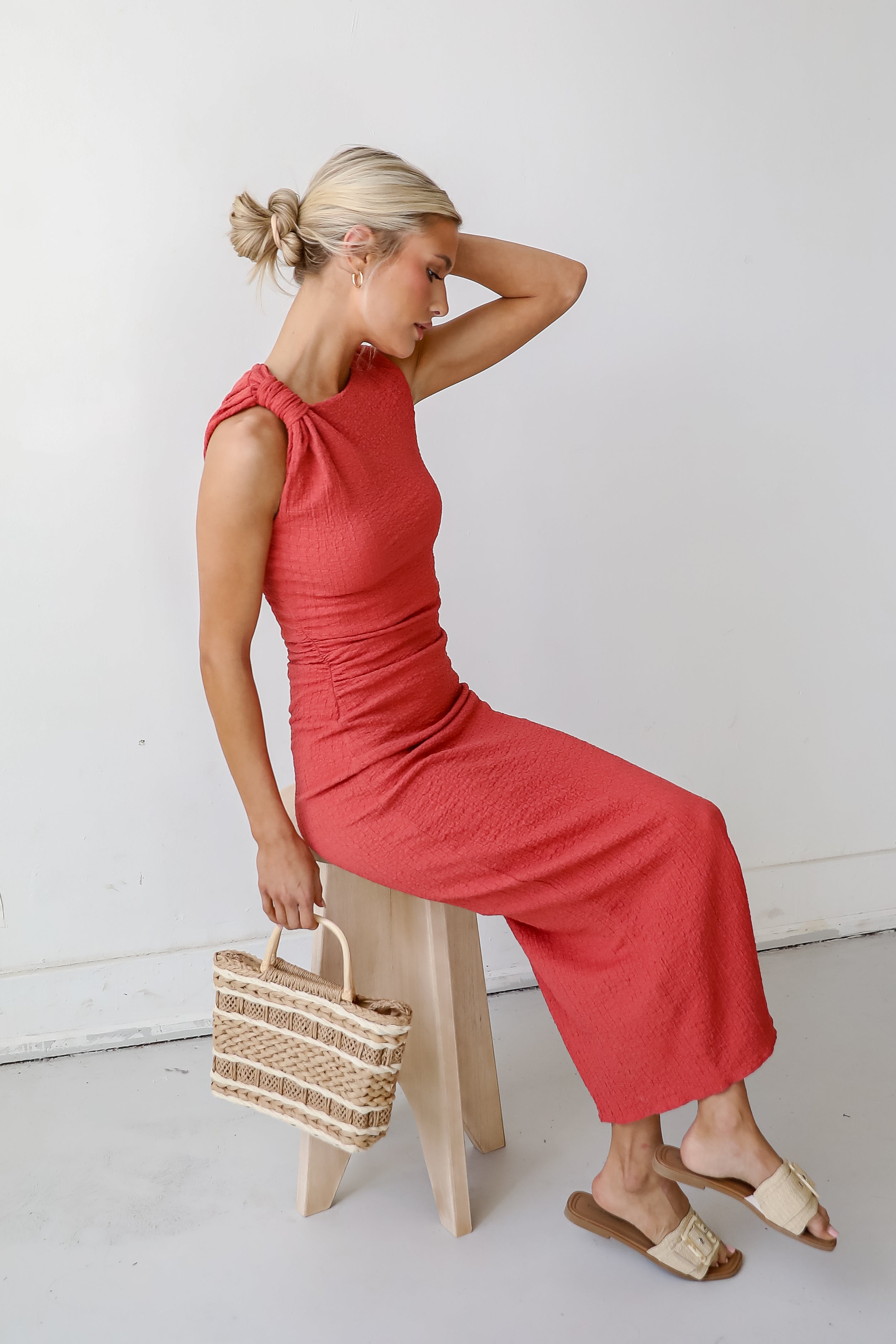 Social Sensation Coral Ruched Maxi Dress