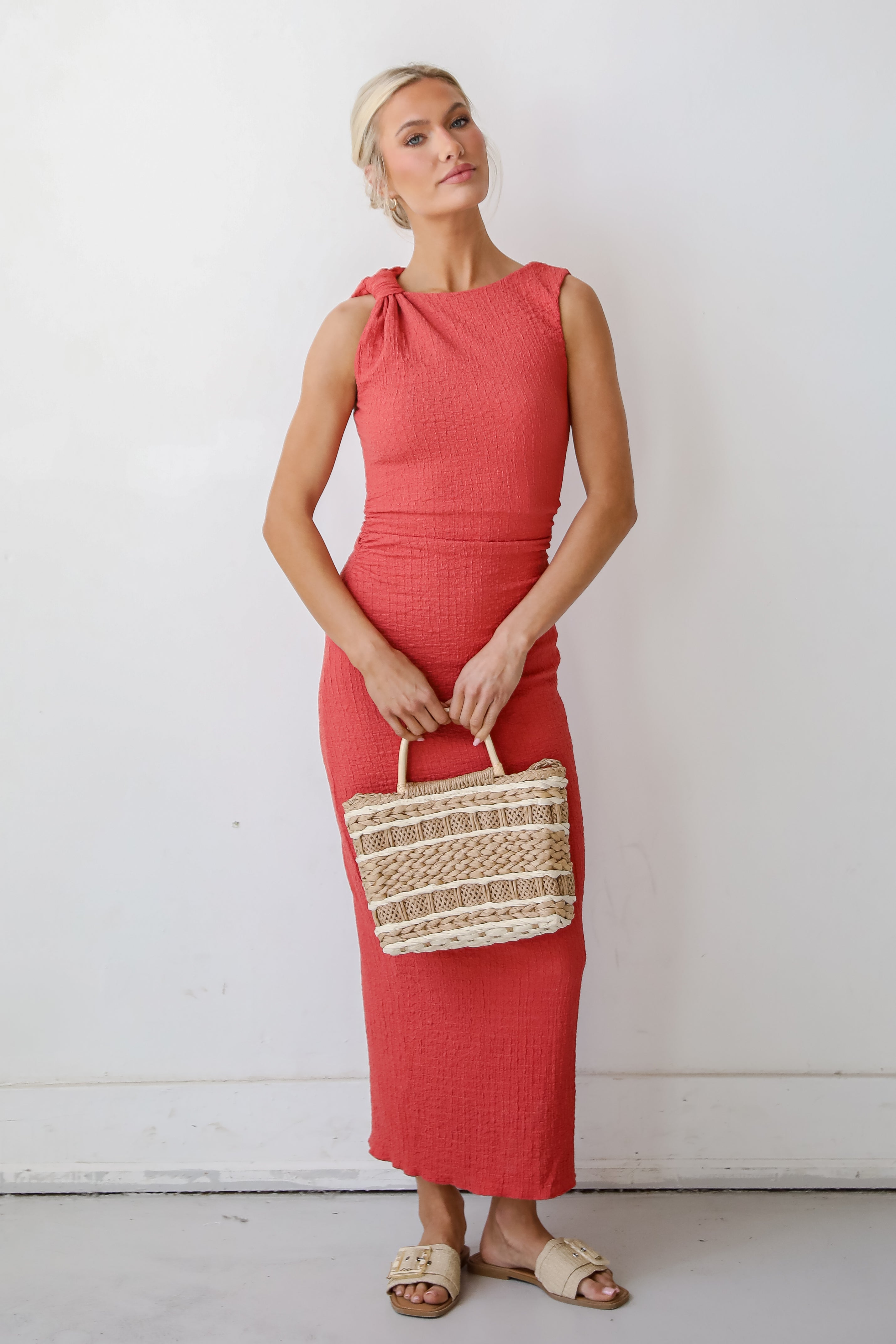 Social Sensation Coral Ruched Maxi Dress