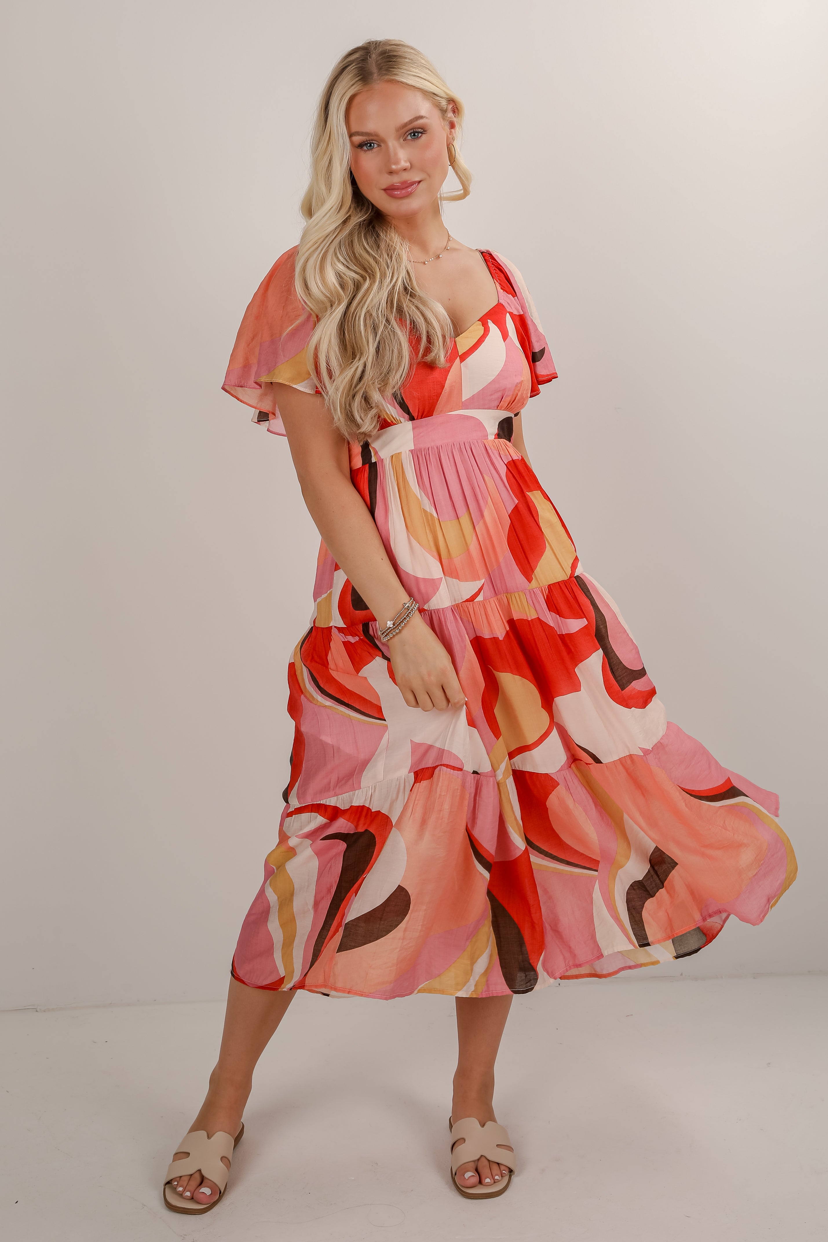 All Coming Together Coral Tiered Midi Dress
