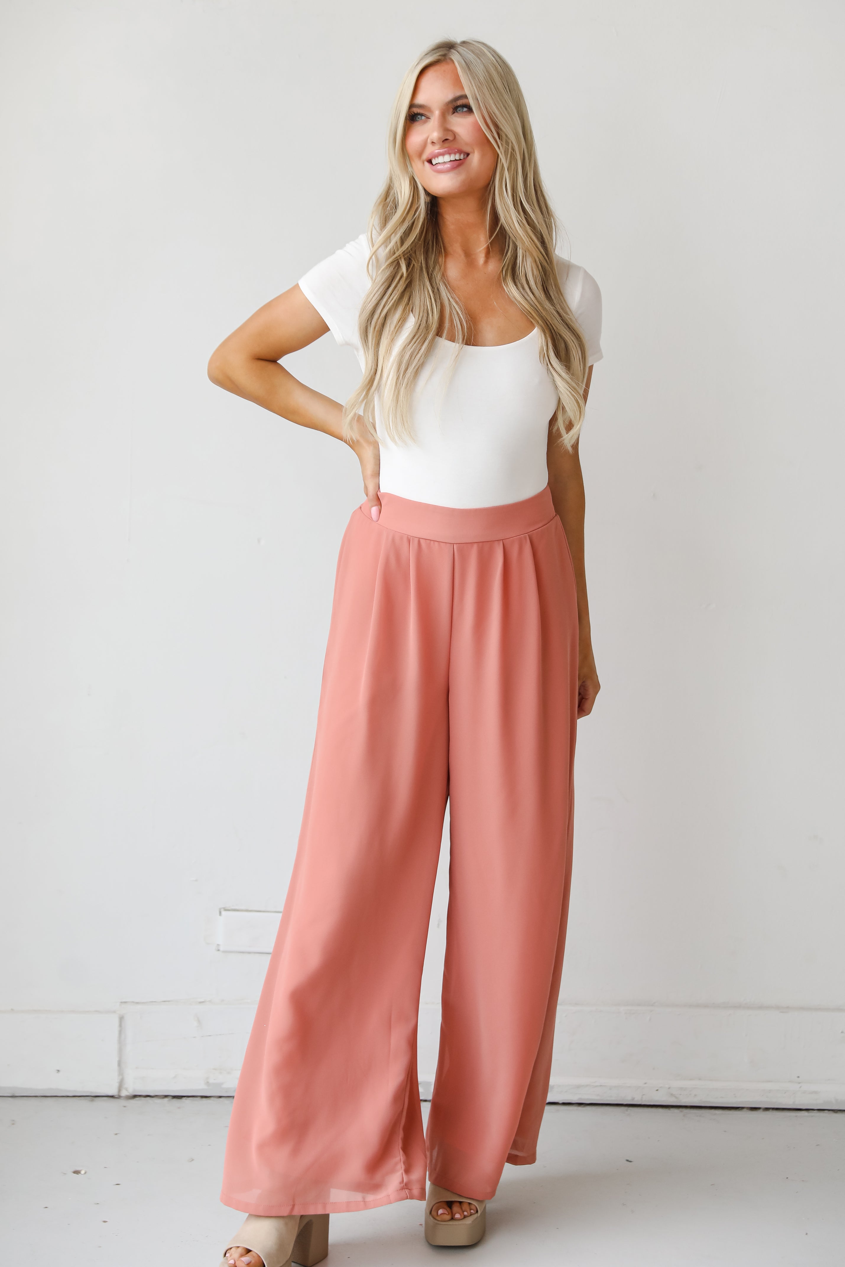 coral Wide Leg Pants front view
