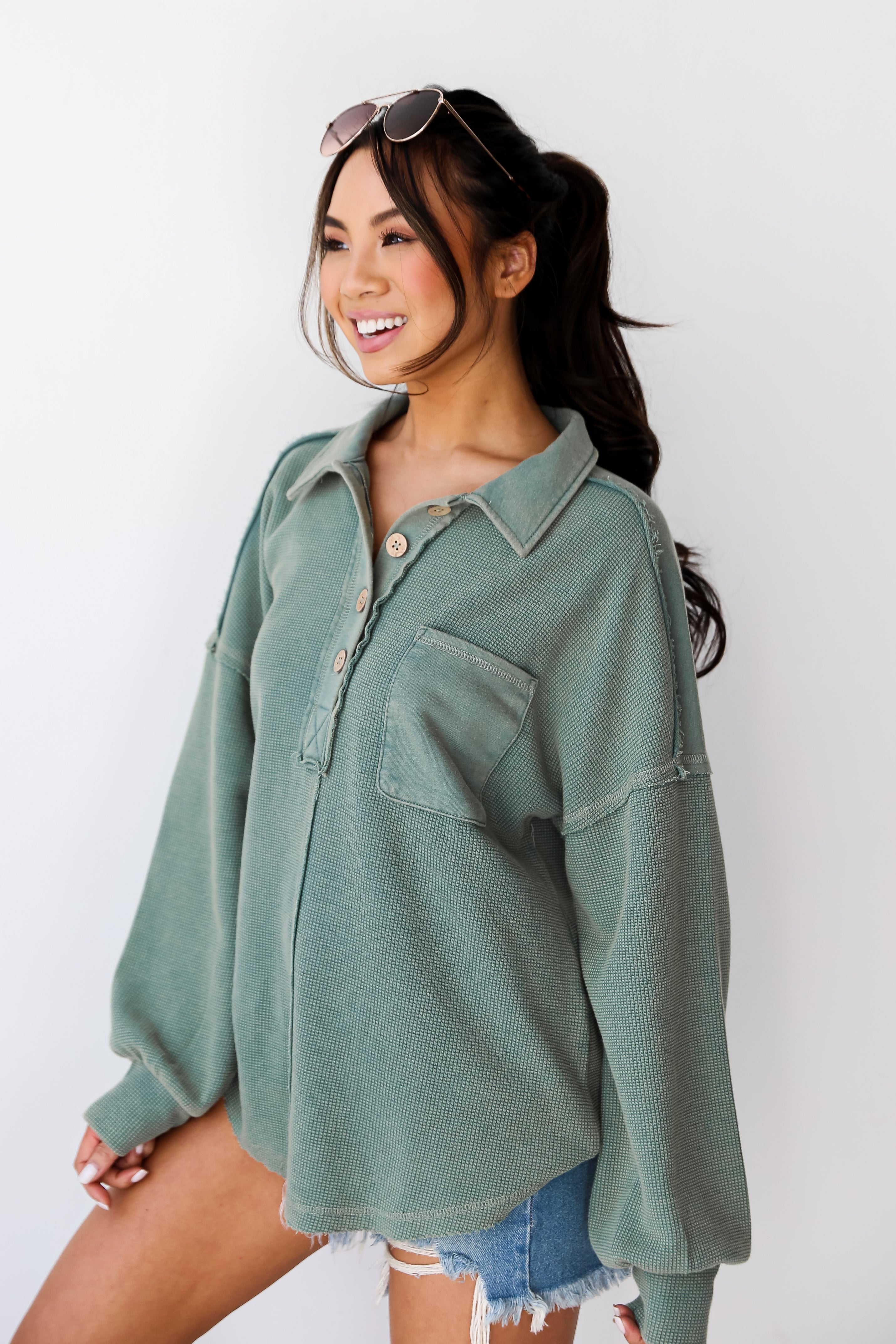 sage Knit Collared Henley Top for women