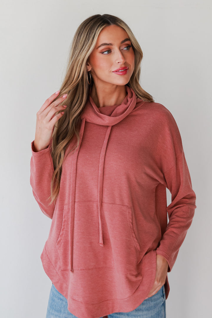 rust Cowl Neck Pullover on model
