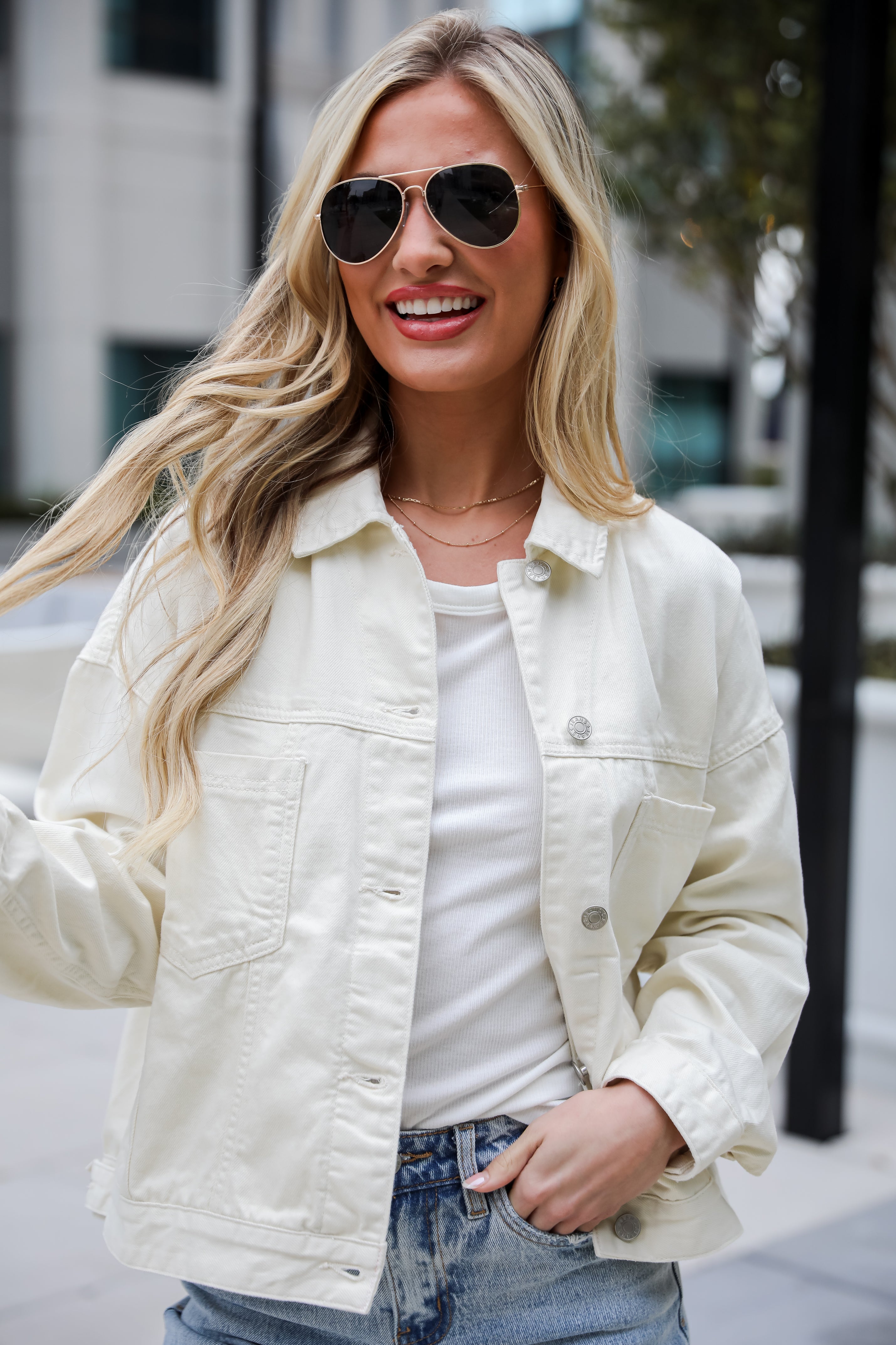 Effortless Presence Cream Denim Jacket. White denim jacket. oversized womens jacket. tops for spring.